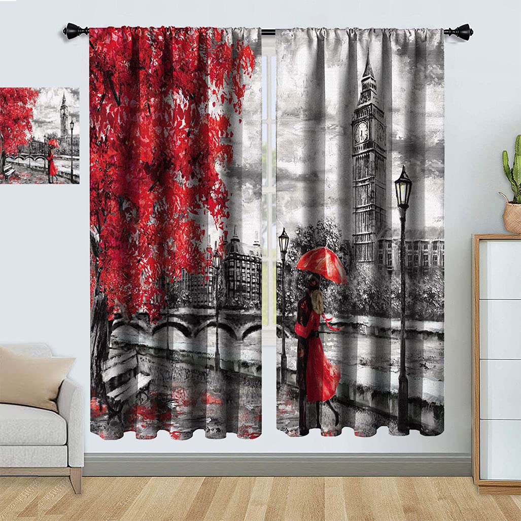 Premium Oil Painting Curtains - London European City Landscape with Big Ben, Black White & Red Window Panels for Living Room, 96