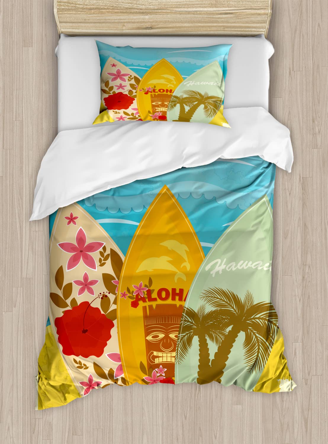 Ambesonne Tiki Bar Duvet Cover Set - King Size 2-Pack with 2 Duvet Covers & 4 Pillowcases | Hawaiian Beach Surfboard Design, Exotic Summer Vacation Theme, Vintage Blue & Mustard Style | Perfect for Tropical Bedroom Decor, Beach House, Vacation Rental, or Surf Enthusiast's Home