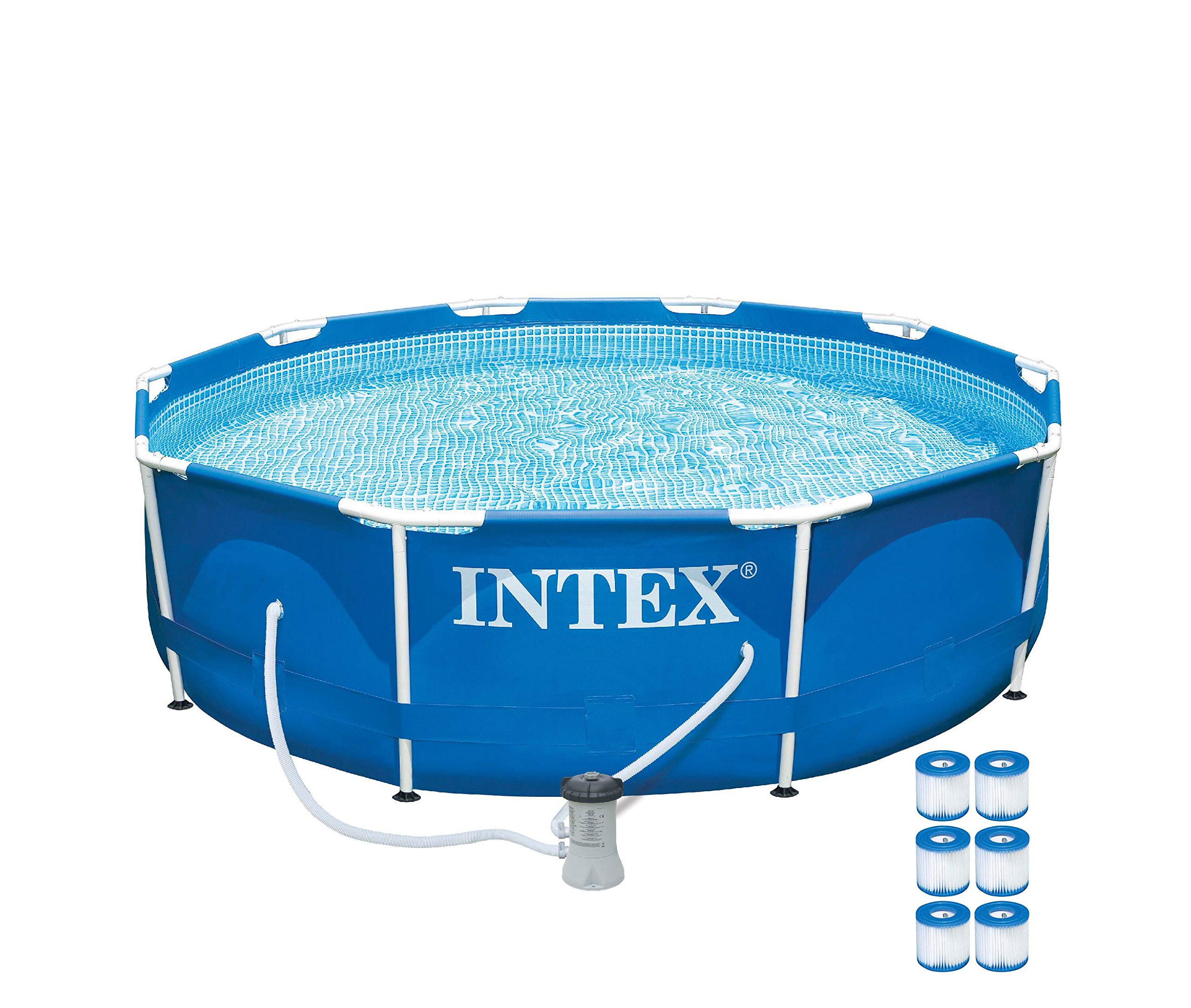Intex 4-Person Metal Frame Above Ground Swimming Pool Set with Drain Plug, Filter Pump & 6 H-Type Cartridges – Perfect for Backyard, Garden, and Outdoor Summer Fun (Blue)