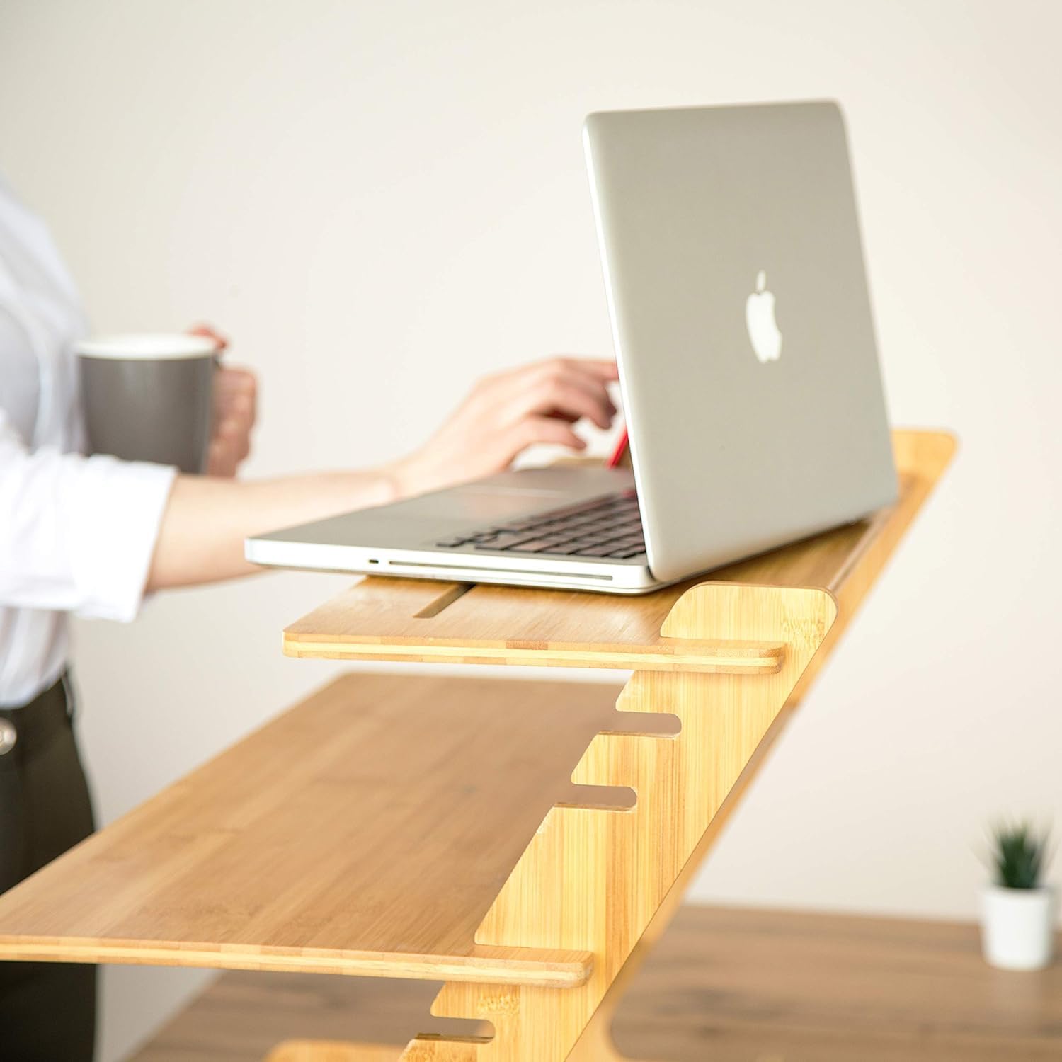 Adjustable Standing Desk Riser - 100% Natural Bamboo Monitor Stand with No Screws Assembly (19