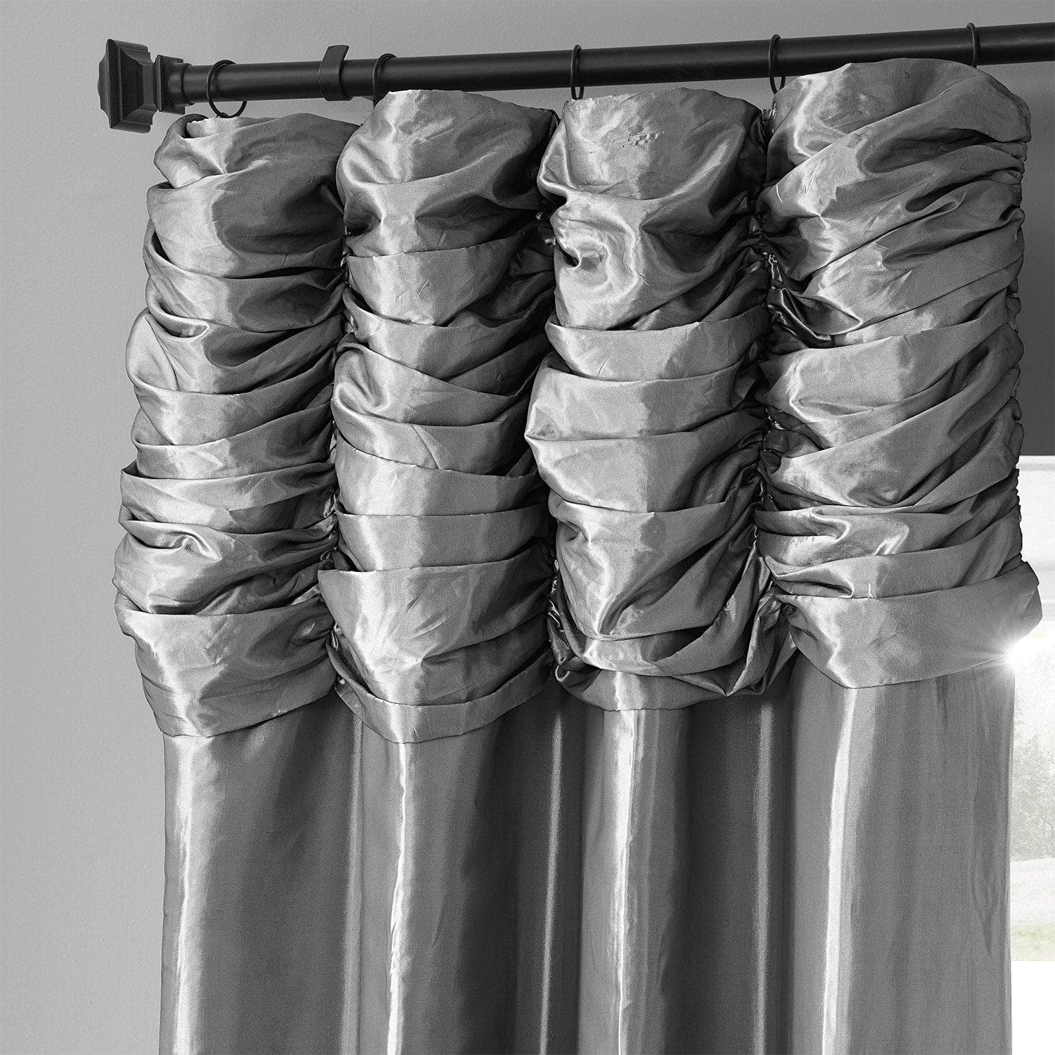 Platinum Ruched Solid Faux Silk Taffeta Room Darkening Curtain
