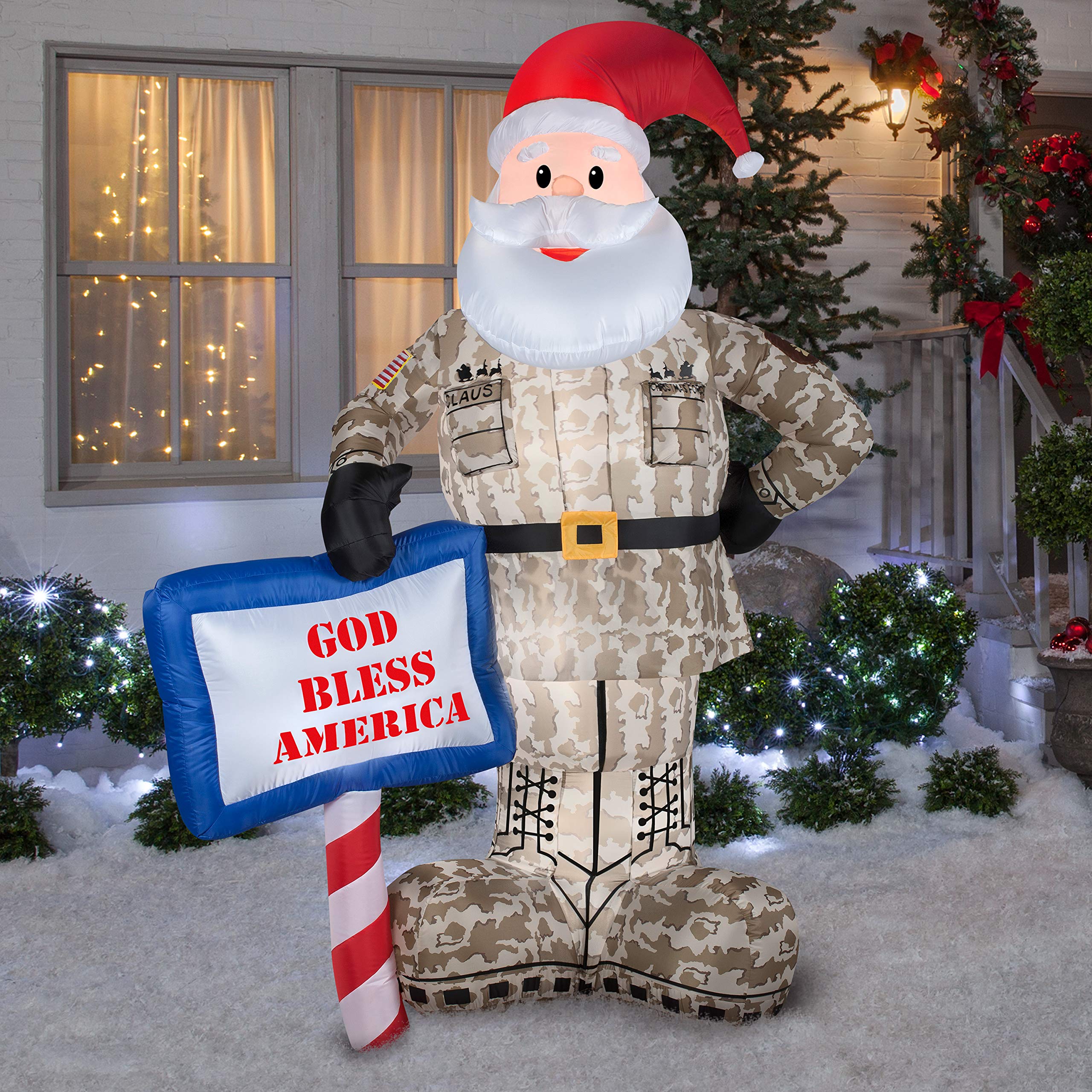 Gemmy Airblown Inflatables 89127X Military Santa Christmas Decoration with God Bless America Sign - Patriotic Outdoor Holiday Yard Decor for Christmas, Veterans Day & 4th of July Celebrations