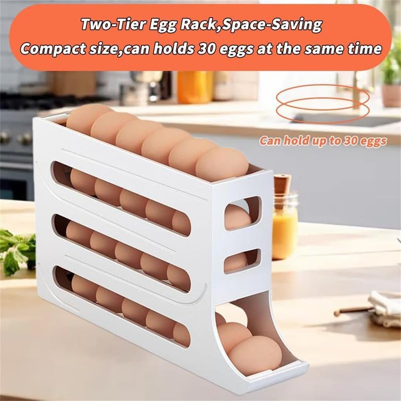 4-Tier Auto Rolling Egg Holder for Refrigerator - Large Capacity 30 Egg Organizer & Dispenser Storage (White) | Traboto-0011 | Perfect for Kitchen Organization & Fresh Egg Storage