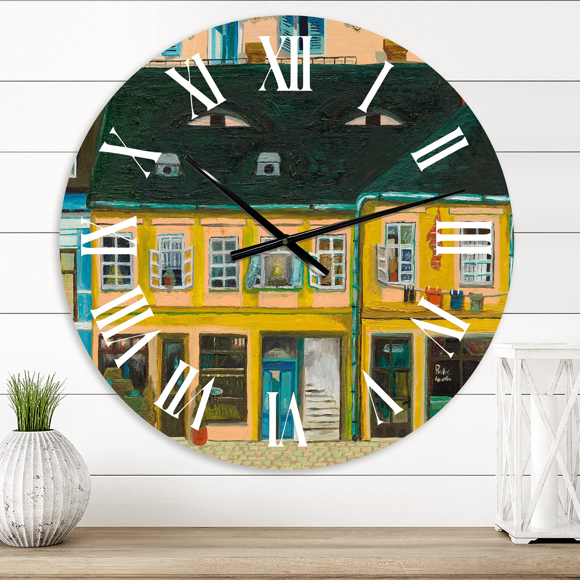 French Country Wall Clock - Yellow Facade Paris Street Scene - Large Vintage Home Decor Clock for Living Room, Bedroom & Office