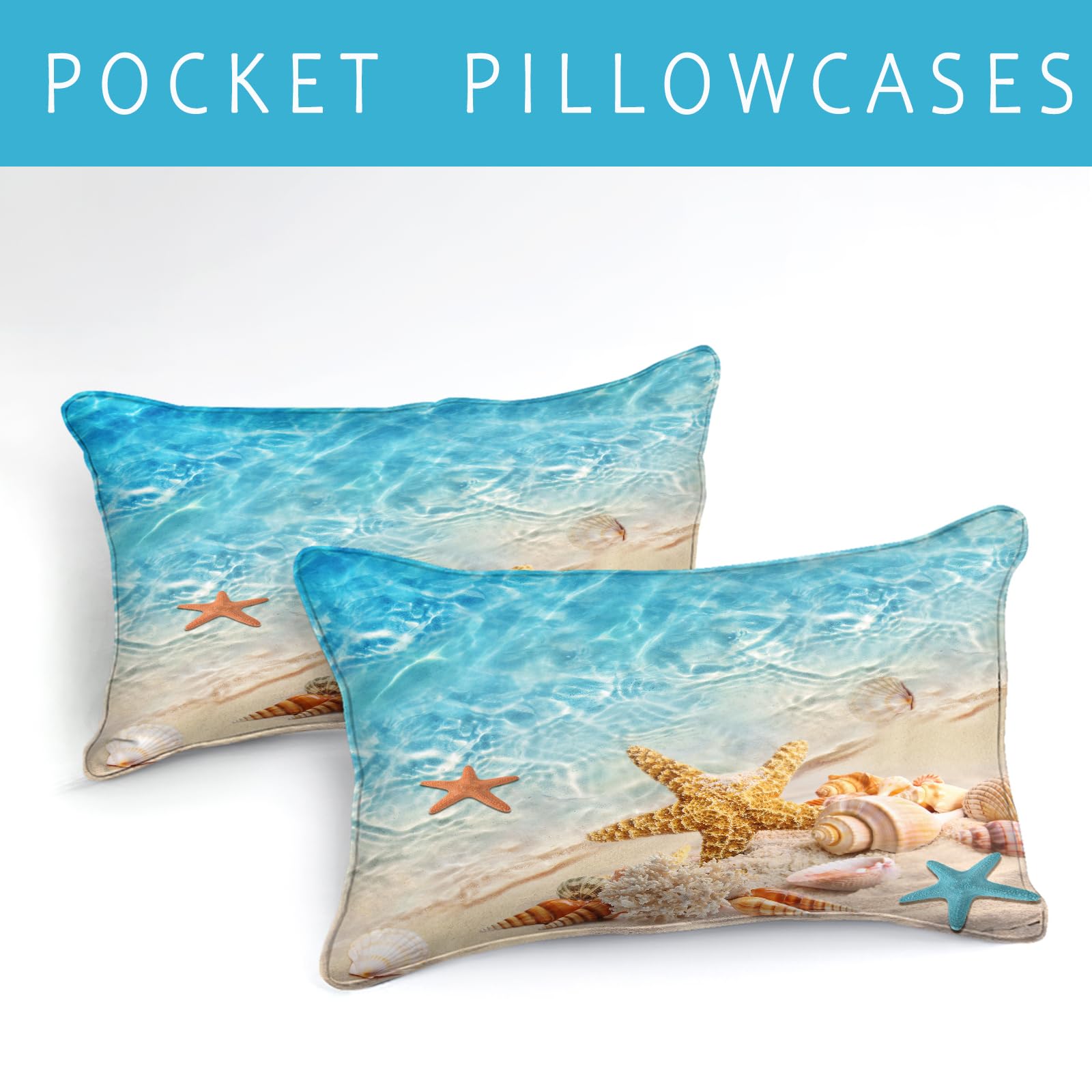 Queen Size Coastal Beach Theme Comforter Set - Turquoise Ocean Starfish Marine Life Bedding, Soft Microfiber 3-Piece Quilt Set (Aqua) | Perfect for Beach House, Guest Room & Coastal Decor