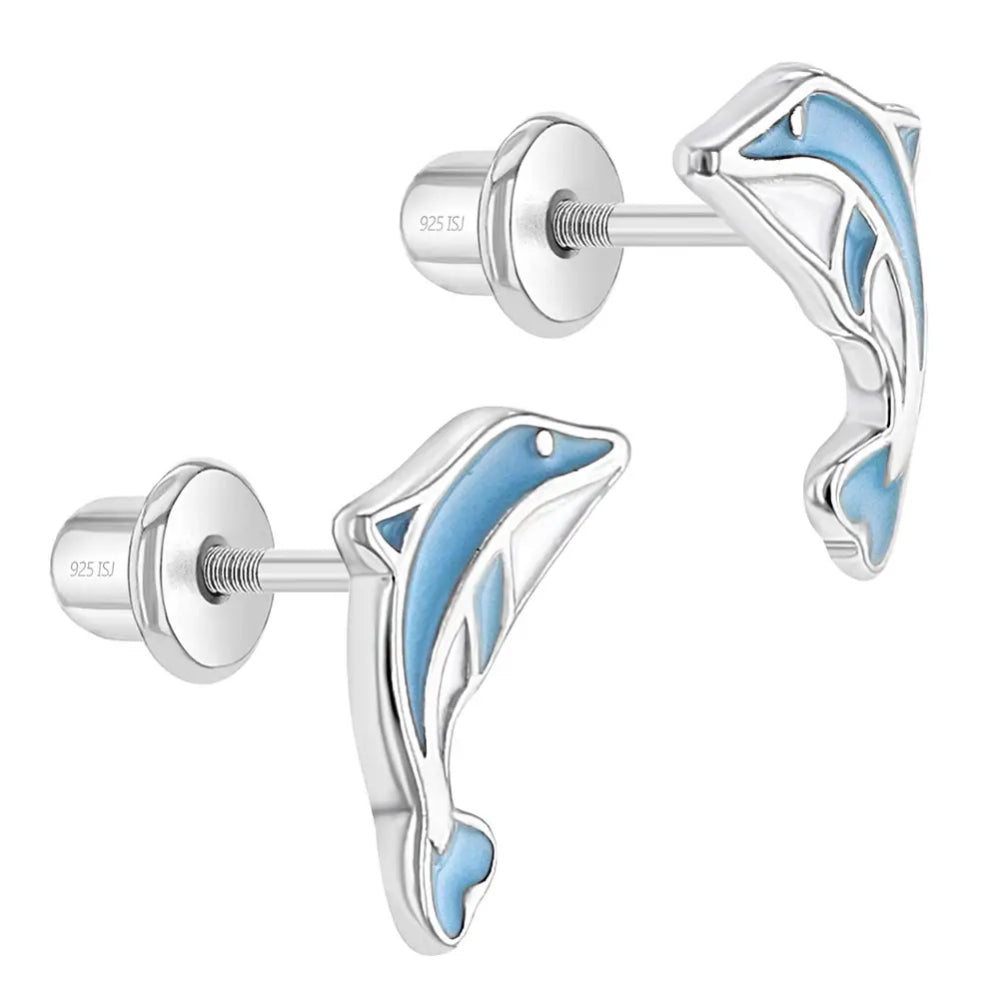 Sterling Silver Blue Dolphin Earrings for Kids – Hypoallergenic & Durable Jewelry – Perfect for Birthdays, Gifts, and Everyday Wear