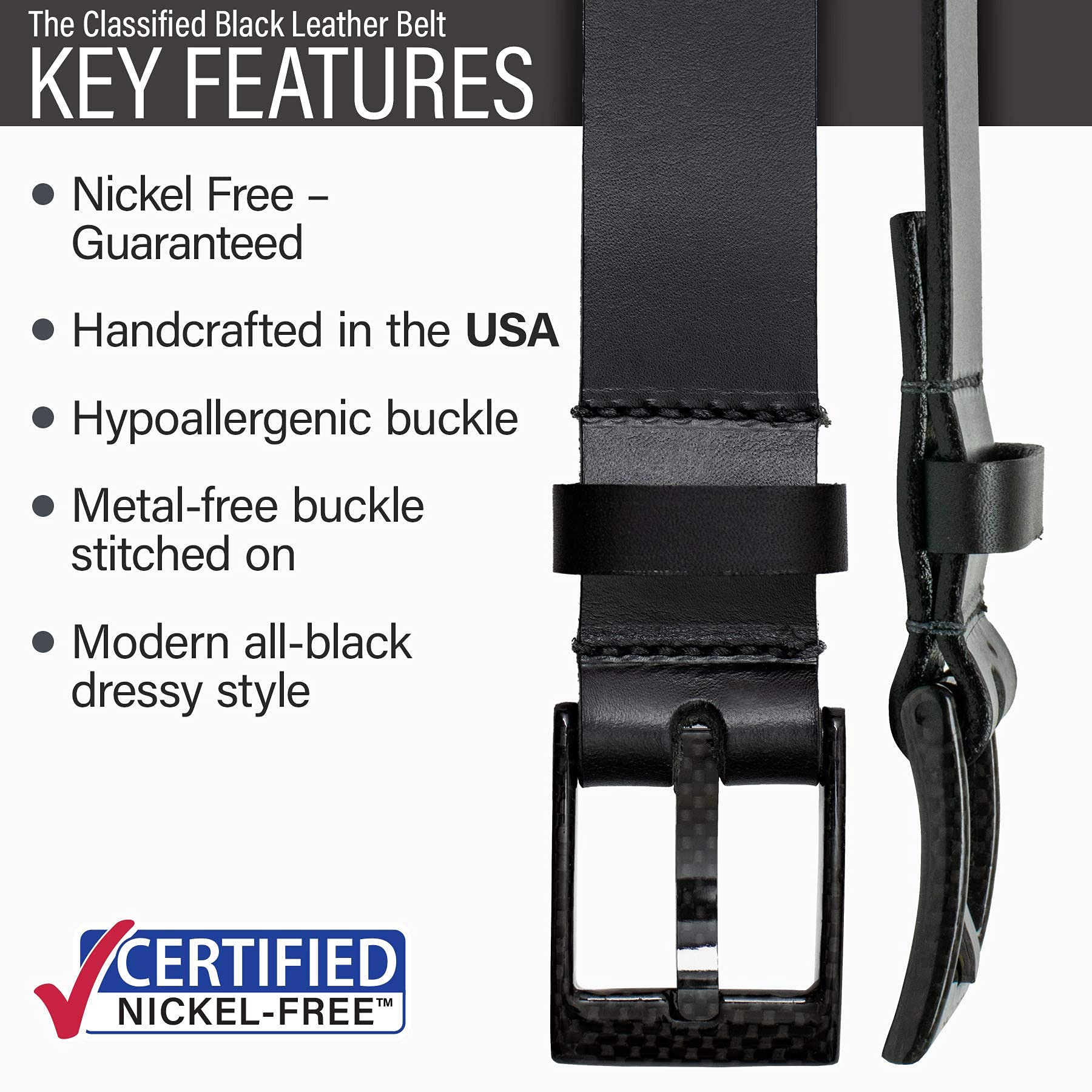 Premium Solid Leather Belt with Carbon Fiber Buckle - USA Made, TSA Friendly, Nickel Free | Stylish & Durable for Business, Travel & Everyday Wear