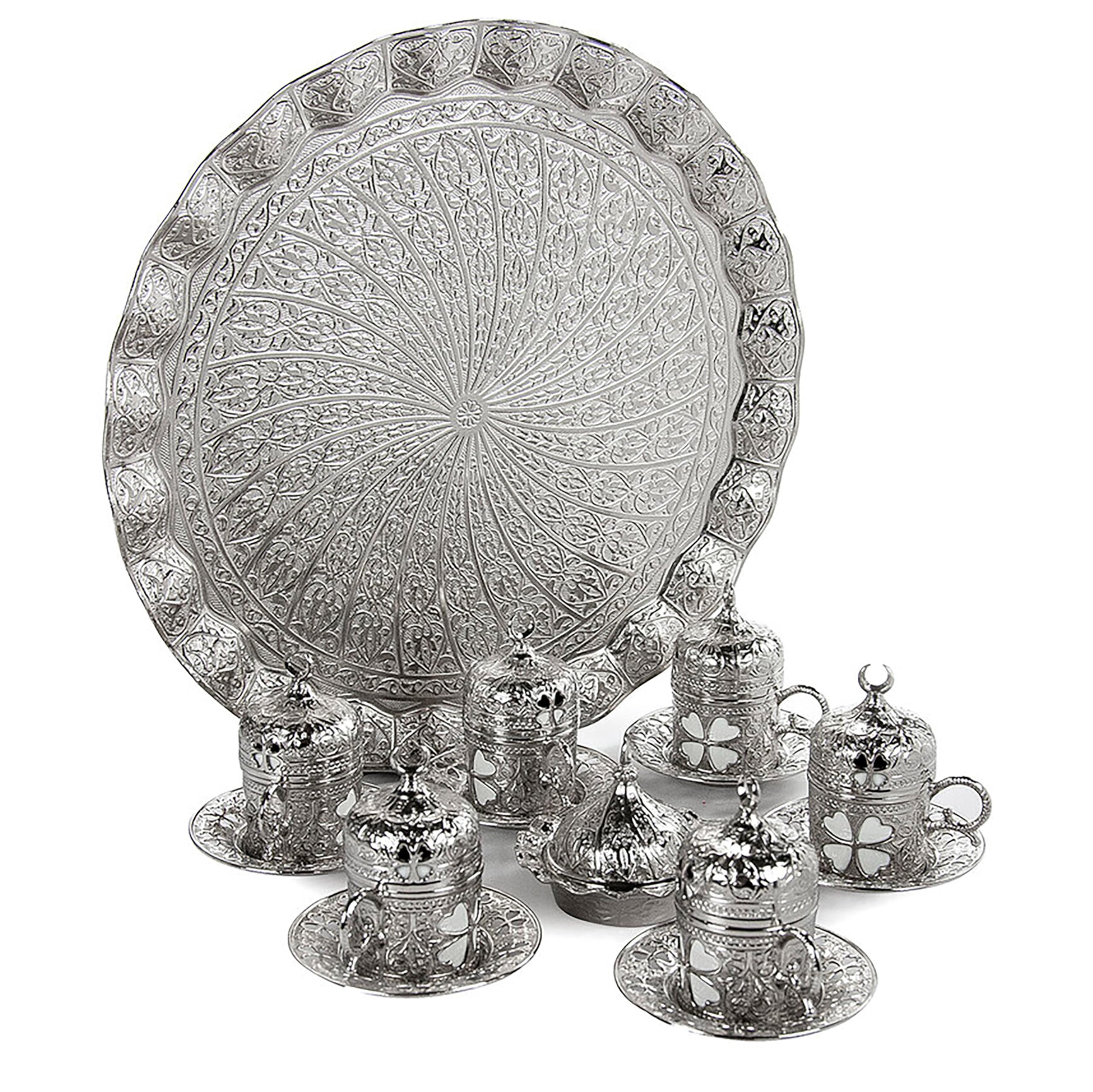 LaModaHome 6-Piece Turkish Espresso Coffee Cup Set with Saucer, Lid, Holder & Tray - Ottoman Tulip Design Porcelain Mugs for Coffee Lovers - Perfect for Arabic, Greek & Turkish Coffee - Ideal Gift & Home Decor Accessory - Silver