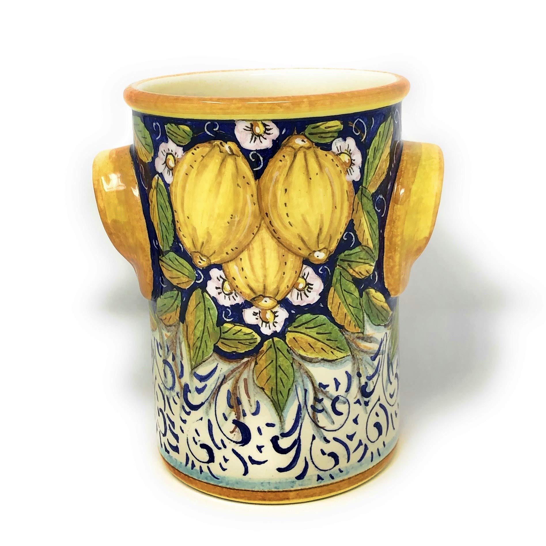 Hand-Painted Italian Ceramic Utensil Holder & Wine Bottle - Tuscan Art Pottery with Three Lemons Design - Made in Italy - Perfect for Kitchen Decor & Wine Storage