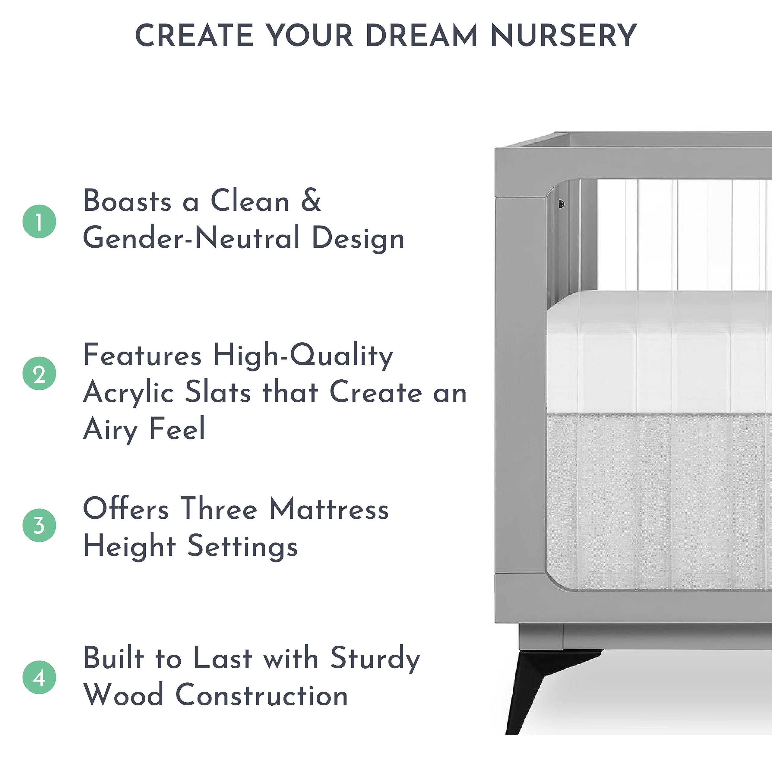 Evolur Acrylic Millennium 4-in-1 Convertible Baby Crib - Modern Full Size Nursery Bed Converts to Toddler Bed & Daybed - Adjustable Mattress Support with Acrylic Slats in Pebble Grey - Perfect for Nursery, Bedroom & Daycare Use