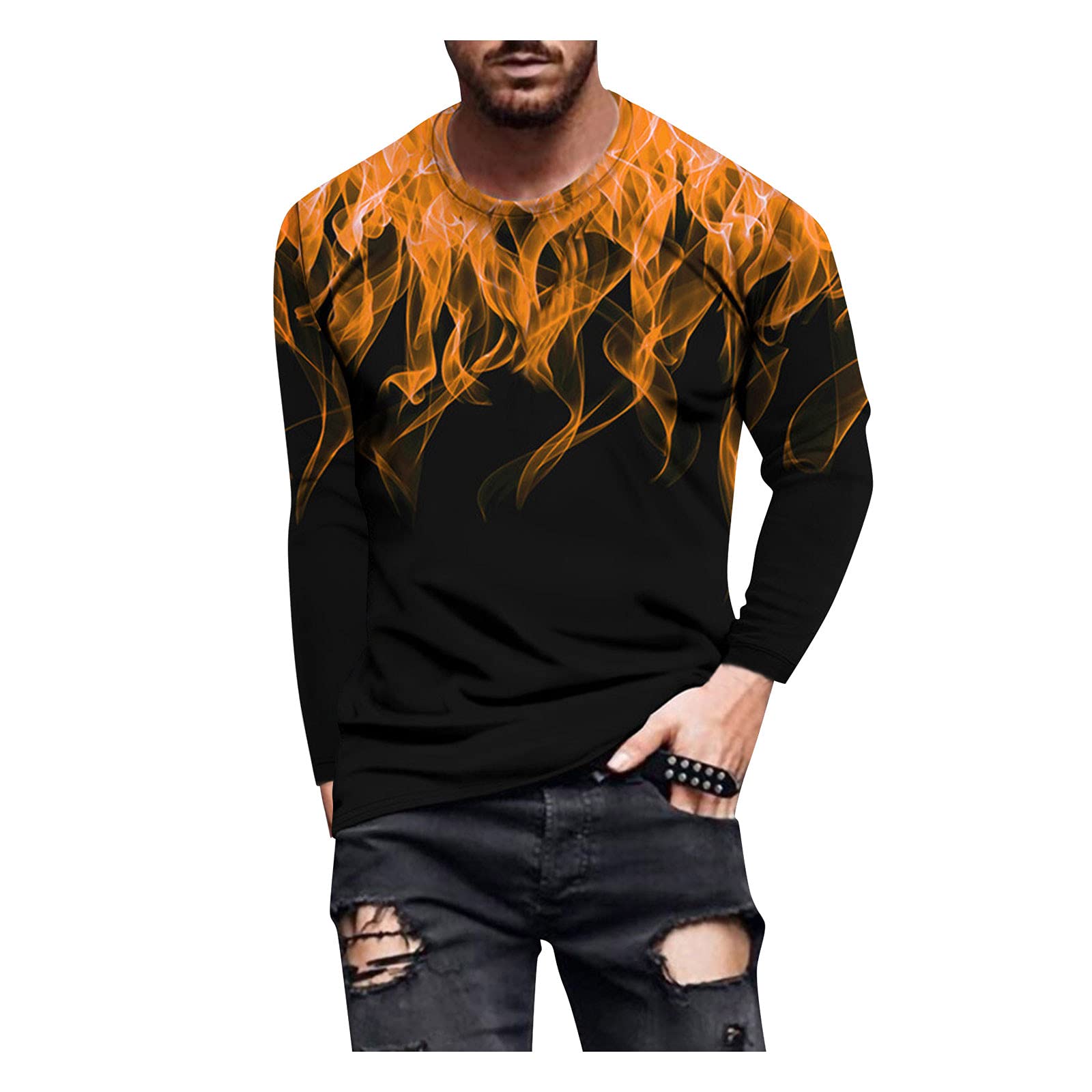 Men's Long Sleeve Military T-Shirt - 3D Digital Printed Retro Fire Design Workout Athletic Tee for Fall | Gym, Outdoor Activities & Casual Wear