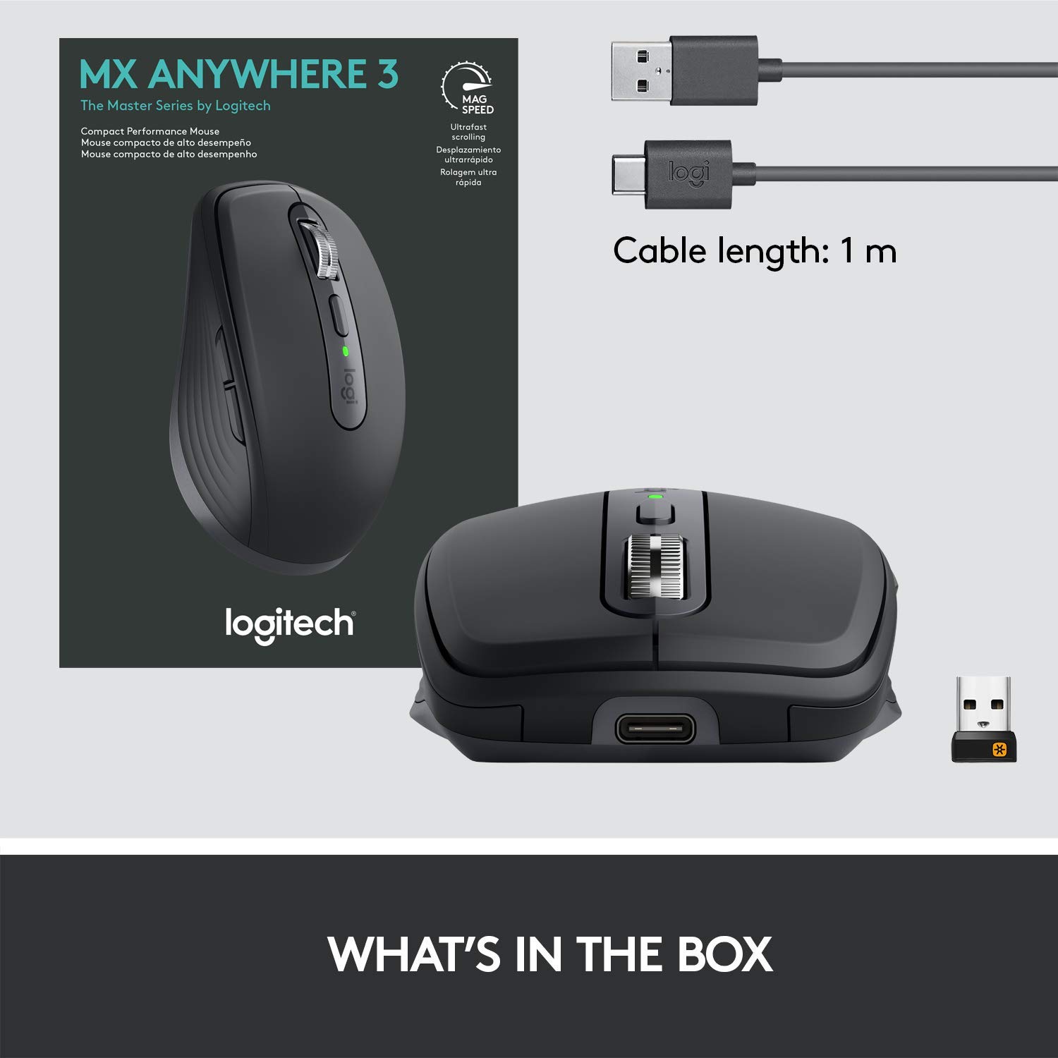 Logitech MX Anywhere 3 Wireless Mouse - Compact Portable Design, 4000DPI Precision, Fast Scroll Wheel, Multi-Device Bluetooth, USB-C Charging - Works on Any Surface - Perfect for Travel, Office & Creative Work with Adobe Creative Cloud