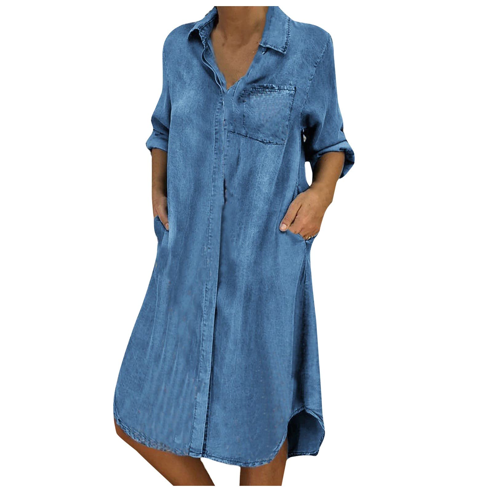 Stylish Women's Denim Shirt Dress with Pockets - 3/4 Sleeve V-Neck Button Down Mini Jean Dress for Casual Wear | Perfect for Brunch, Shopping & Weekend Outings