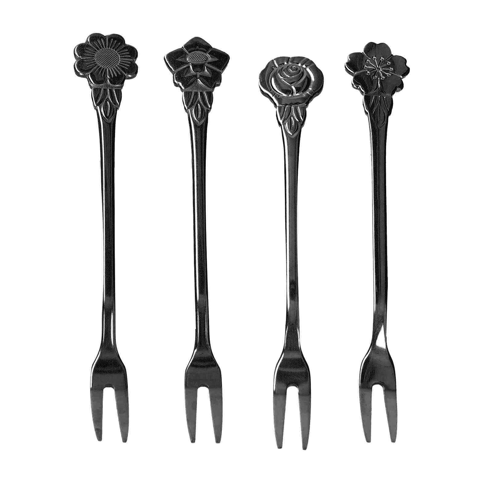 4-Piece Stainless Steel 2-Prong Fruit Forks - Mini Salad & Dessert Tasting Forks for Home, Kitchen, Party - Durable Ruthenium Black (Perfect for Fruit Platters, Cheese Boards & Appetizers)