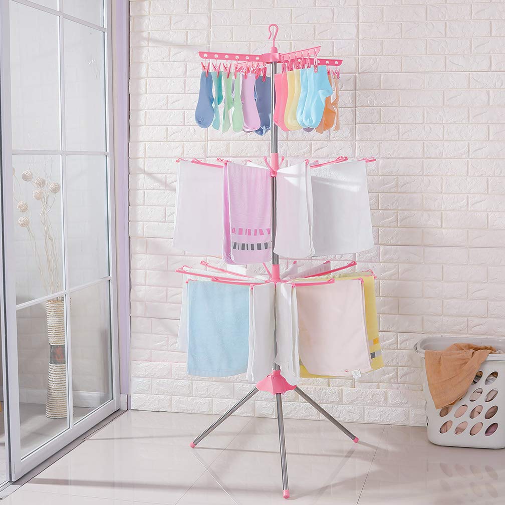 Hershii Foldable Clothes Drying Rack - 3-Tier Standing Garment Hanger with 24 Clips & 32 Towel Bars | Space Saving Laundry Organizer for Baby Clothes, Socks, Bibs, Underwear, Diapers | Perfect for Small Apartments, Dorms & RVs (Pink)