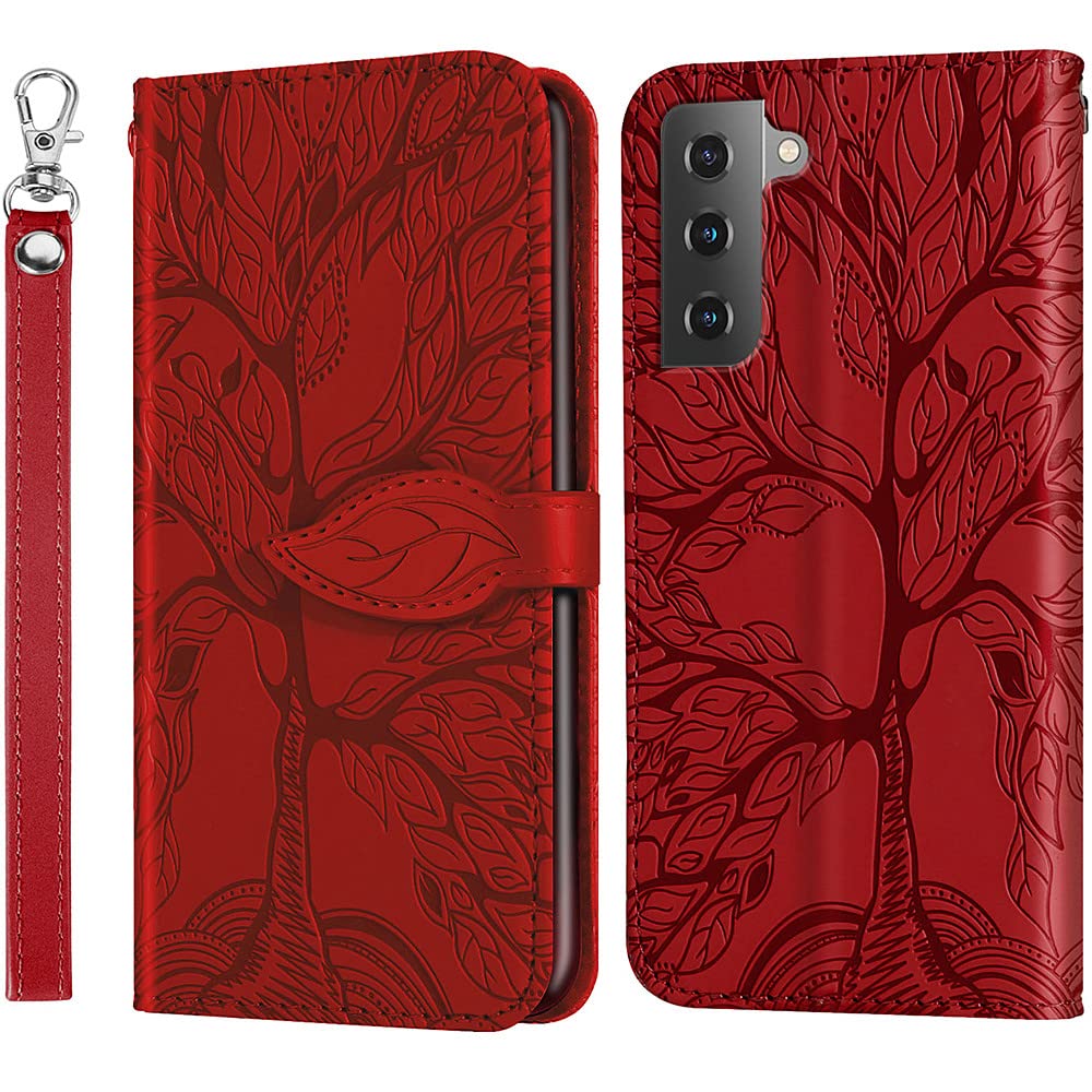 Premium PU Leather Samsung Galaxy S22 Case with Kickstand & Card Slots - Embossed Tree Design, Wrist Strap Included - 6.1 inch Protective Wallet Cover for Samsung S22 (Red) - Perfect for Work, Travel & Everyday Use