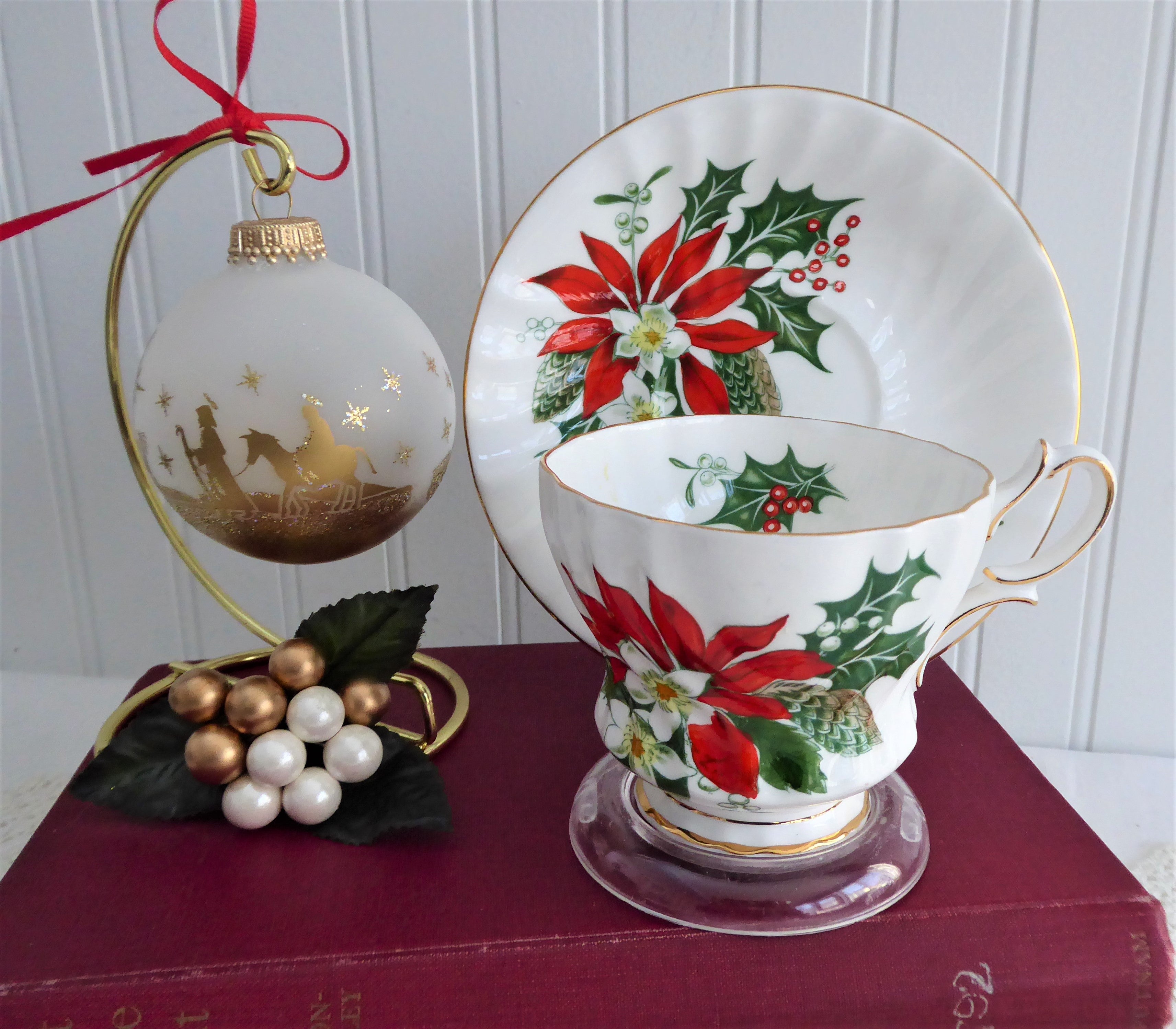 Vintage 1950s Christmas Noel Cup and Saucer Set - Queen Anne Style with Poinsettia, Pine & Holly Design | Perfect for Holiday Tea Parties, Festive Table Decor & Vintage Collectors