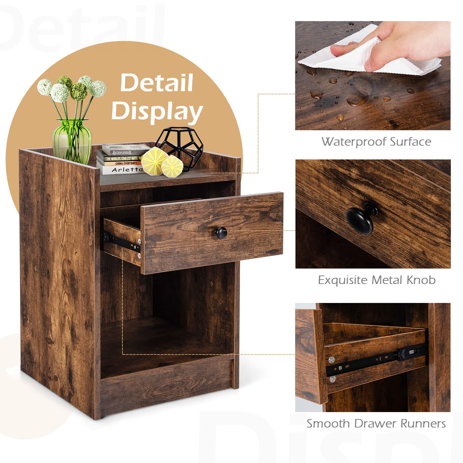 Giantex Nightstands Set of 2 - Wooden Bedside Tables with Storage Drawer & Open Shelf, 17