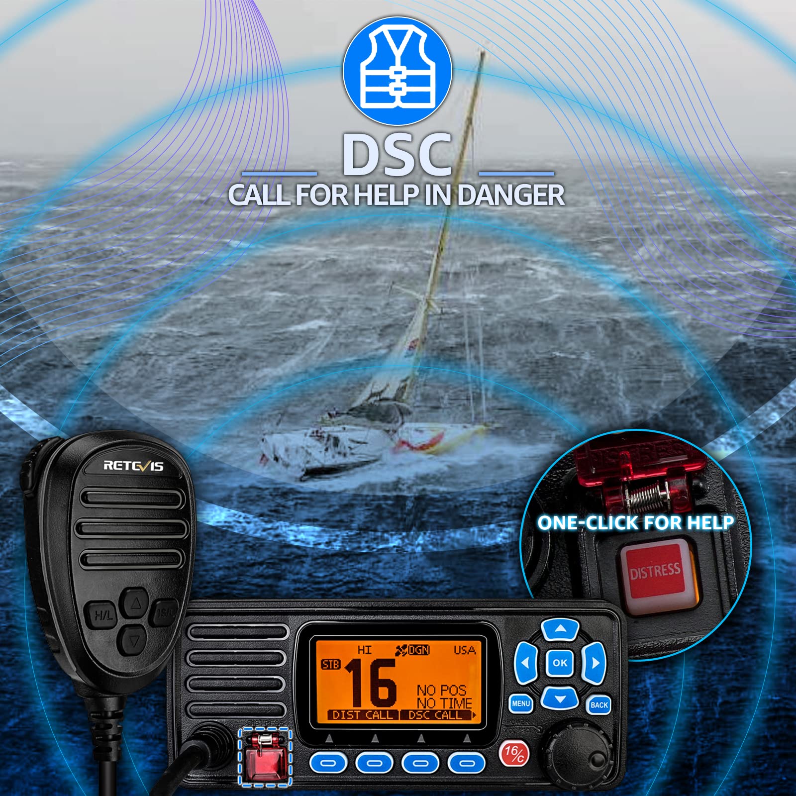 Retevis RA27 Waterproof IP67 Marine Radio with GPS, DSC & NOAA Weather - Fixed Mount VHF Boat Radio with Fiberglass Antenna & 7m Coaxial Cable for Ships & Shore Communication | Ideal for Boating, Fishing & Emergency Situations