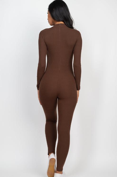 Stylish Ribbed Mock Neck Long Sleeve Casual Jumpsuit for Women | Comfortable & Fashionable One-Piece Outfit | Perfect for Daily Wear, Office, and Date Nights