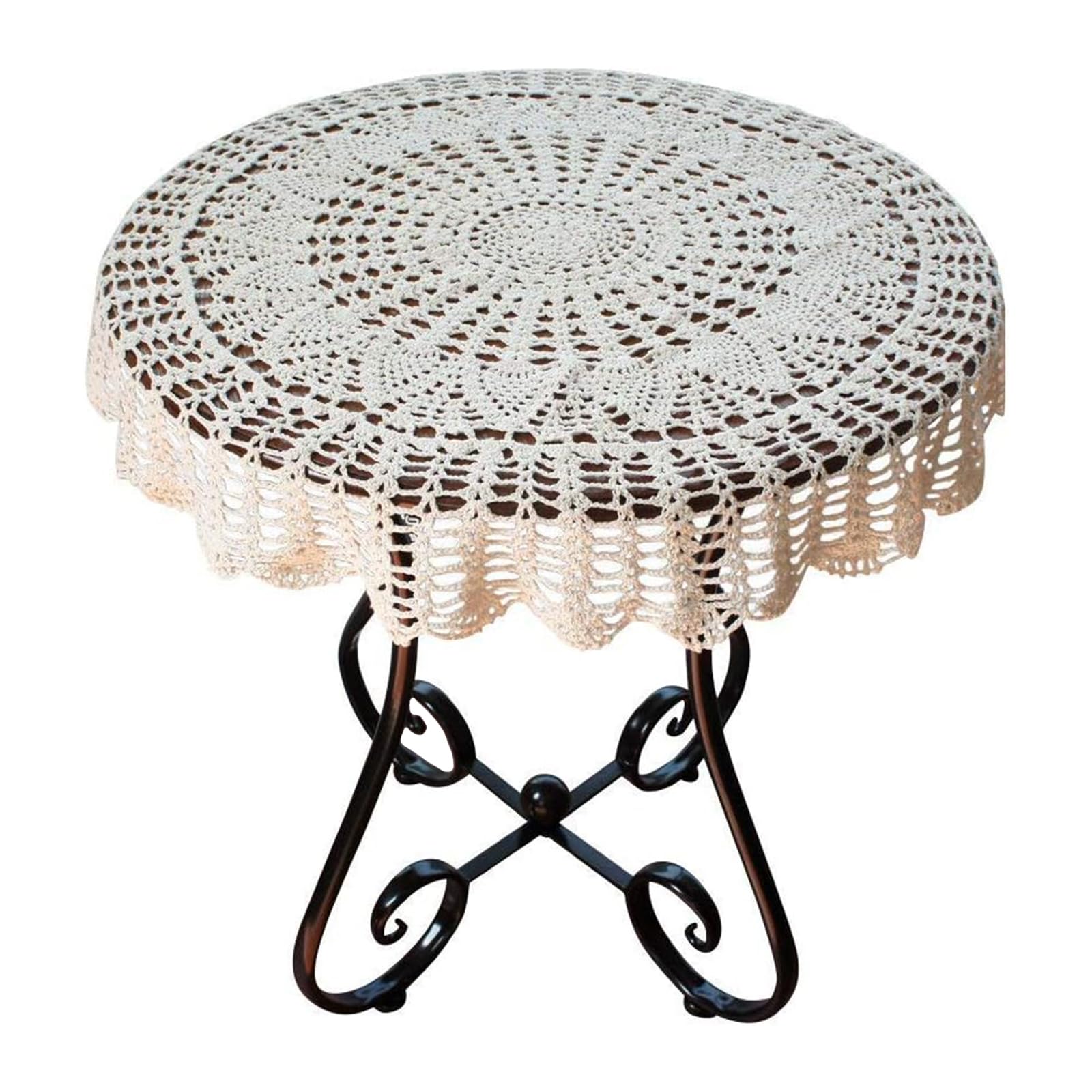 USTIDE 48-inch Handmade Crochet Cotton Round Tablecloth - Beige Lace Table Cover for Wedding, Dining Room, Party Decor & Special Occasions