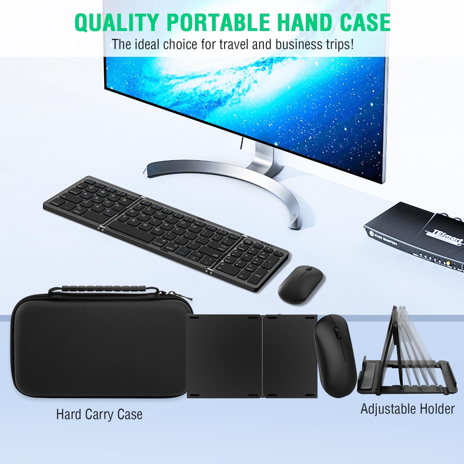 Foldable Wireless Keyboard and Mouse Combo - EDJO Portable 2.4G+Bluetooth Rechargeable Keyboard Mouse Set with Carrying Case for Windows/Mac/iOS/Android - Perfect for Travel, Office & Home Use with Laptop/PC/Tablet