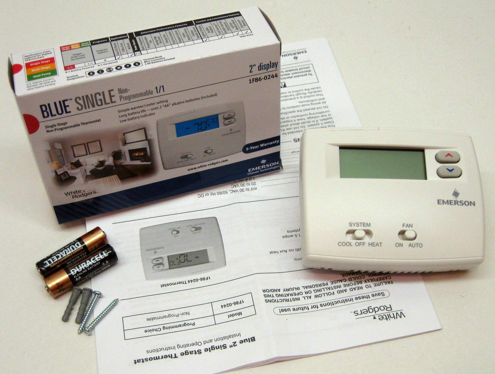 1F86-0244 Emerson White Wall Thermostat - Non-Programmable Heat/Cool Thermostat for Heat Pump Systems - Perfect for Home & Office Temperature Control