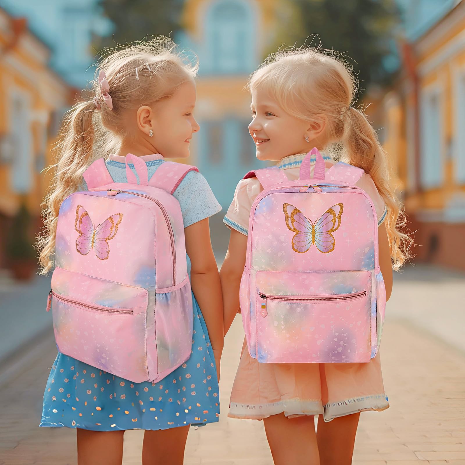 Cokouchyi 3 Pcs Kids Backpack Set with Lunch Box & Pencil Case - Lightweight Preschool Backpack for Girls Age 4-8, Elementary School Book Bag with Butterfly Design - Perfect for School, Travel & Daily Use