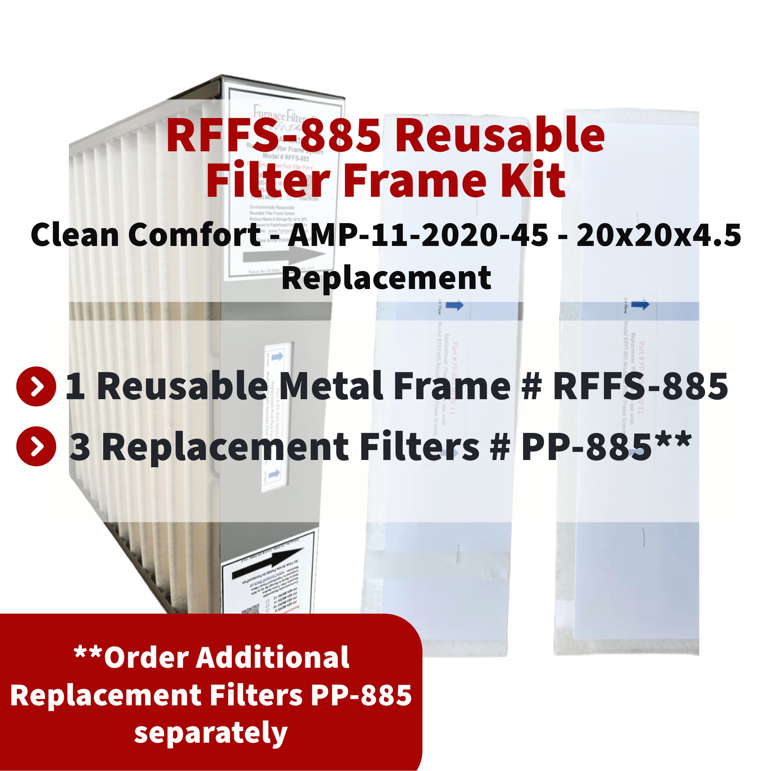 Clean Comfort AMP 11 2020 45 Reusable Air Filter Frame Kit - 20x20x4.5 MERV 11 with Lifetime Frame (Model RFFS 885) & 3 Replacement Filters (Part PP 885) | Perfect for HVAC Systems, Furnaces, and Air Purifiers | Made by FurnaceFilters.Ca