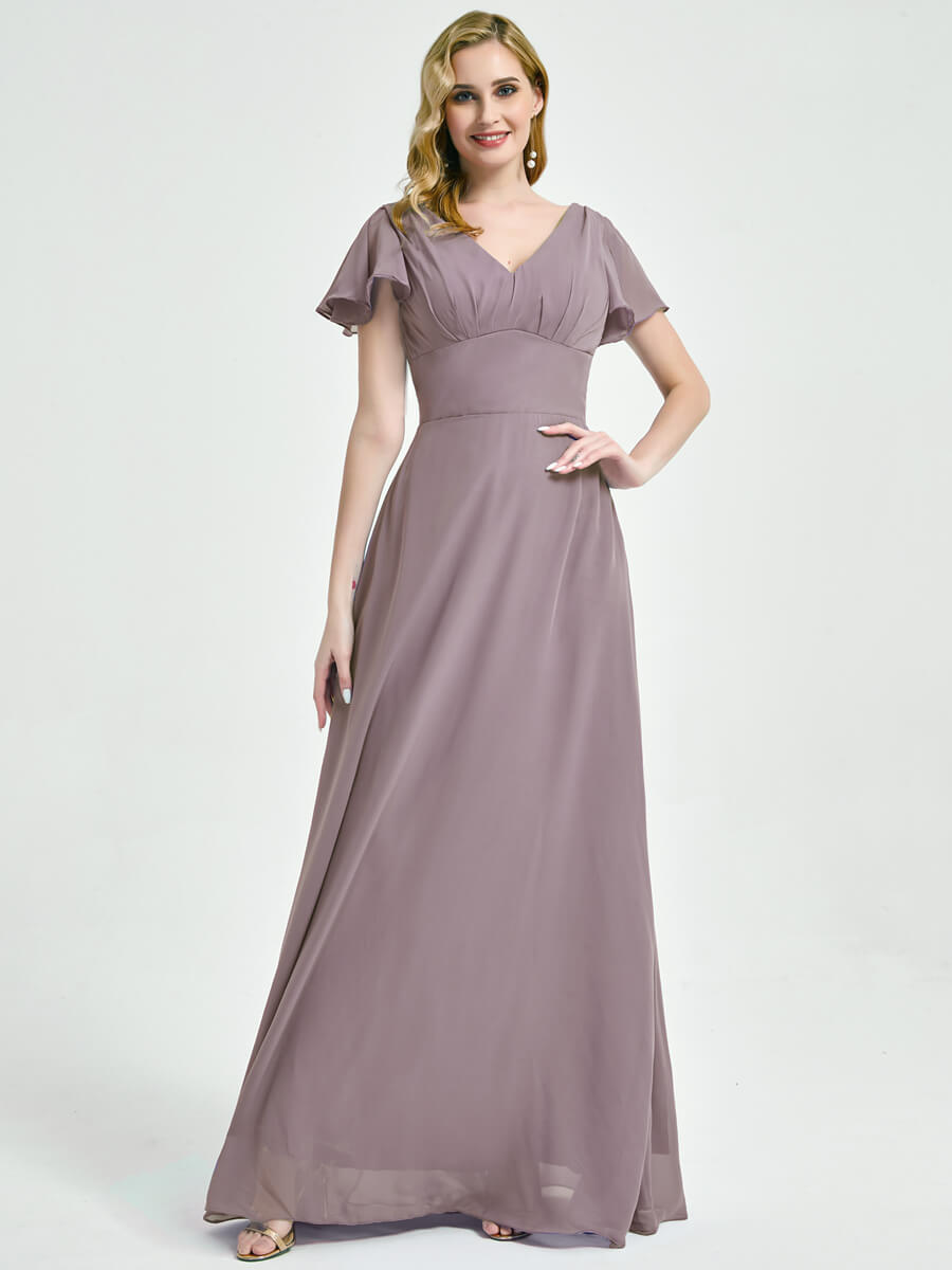 Elegant Dusk Ruffle Sleeve Backless V-Neck Maxi Chiffon Bridesmaid Dress for Weddings & Formal Events - Perfect for Bridal Party, Evening Gala, and Special Occasions