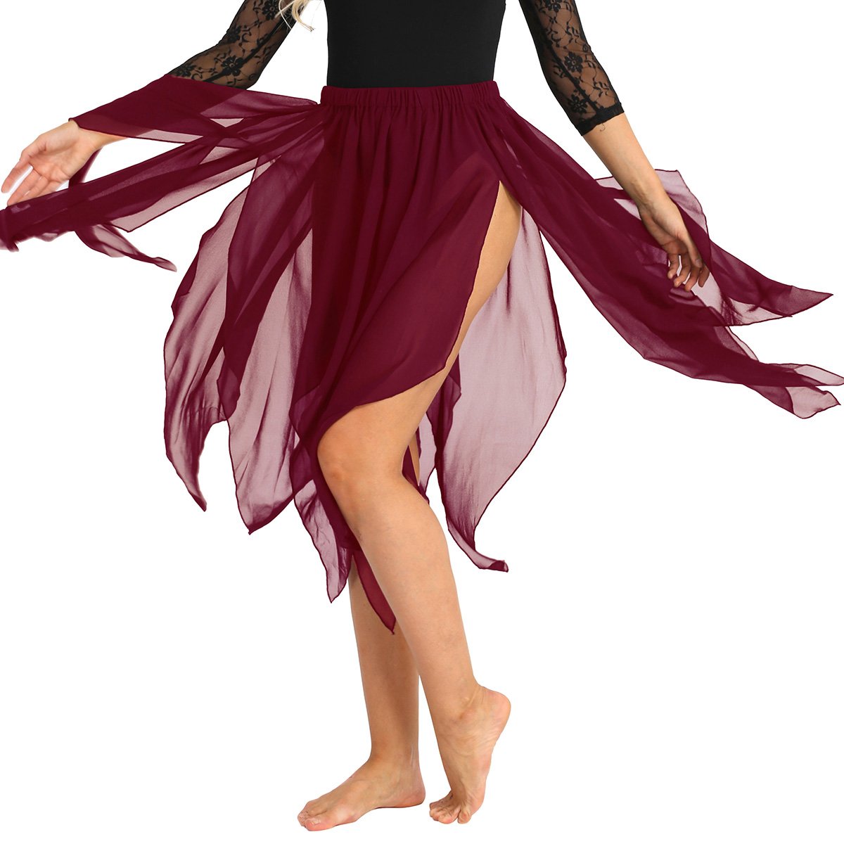 YiZYiF Women's Chiffon Handkerchief Hem Dance Dress - Flowy Asymmetrical Skirt for Ballet, Salsa & Evening Wear - Elegant Party & Performance Outfit