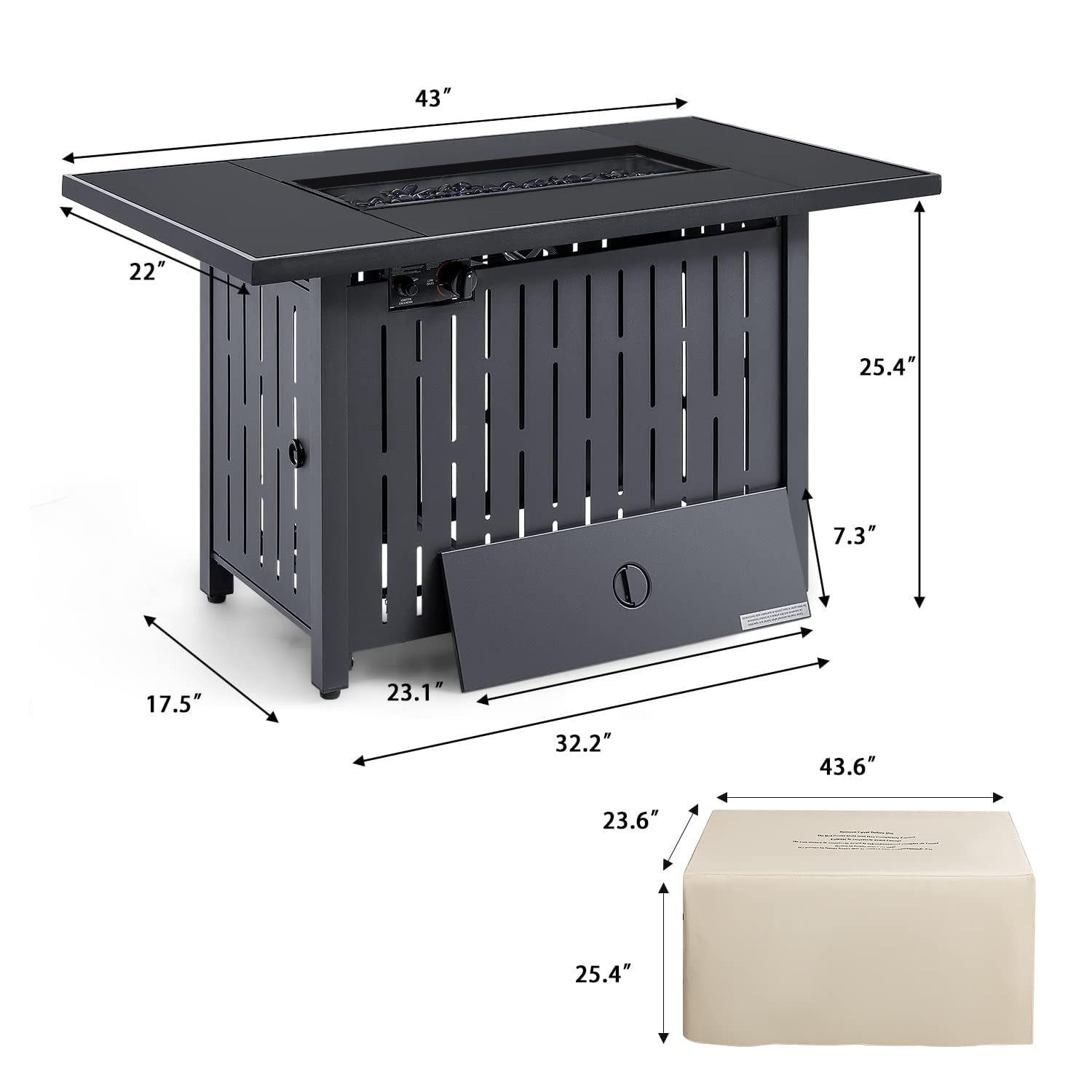 Devoko 43 Inch Black Outdoor Propane Fire Pit Table - 50,000 BTU Auto Ignition Patio Heater with Tempered Glass Top & Lava Rocks - Perfect for Backyard, Deck, Garden & Camping Gatherings