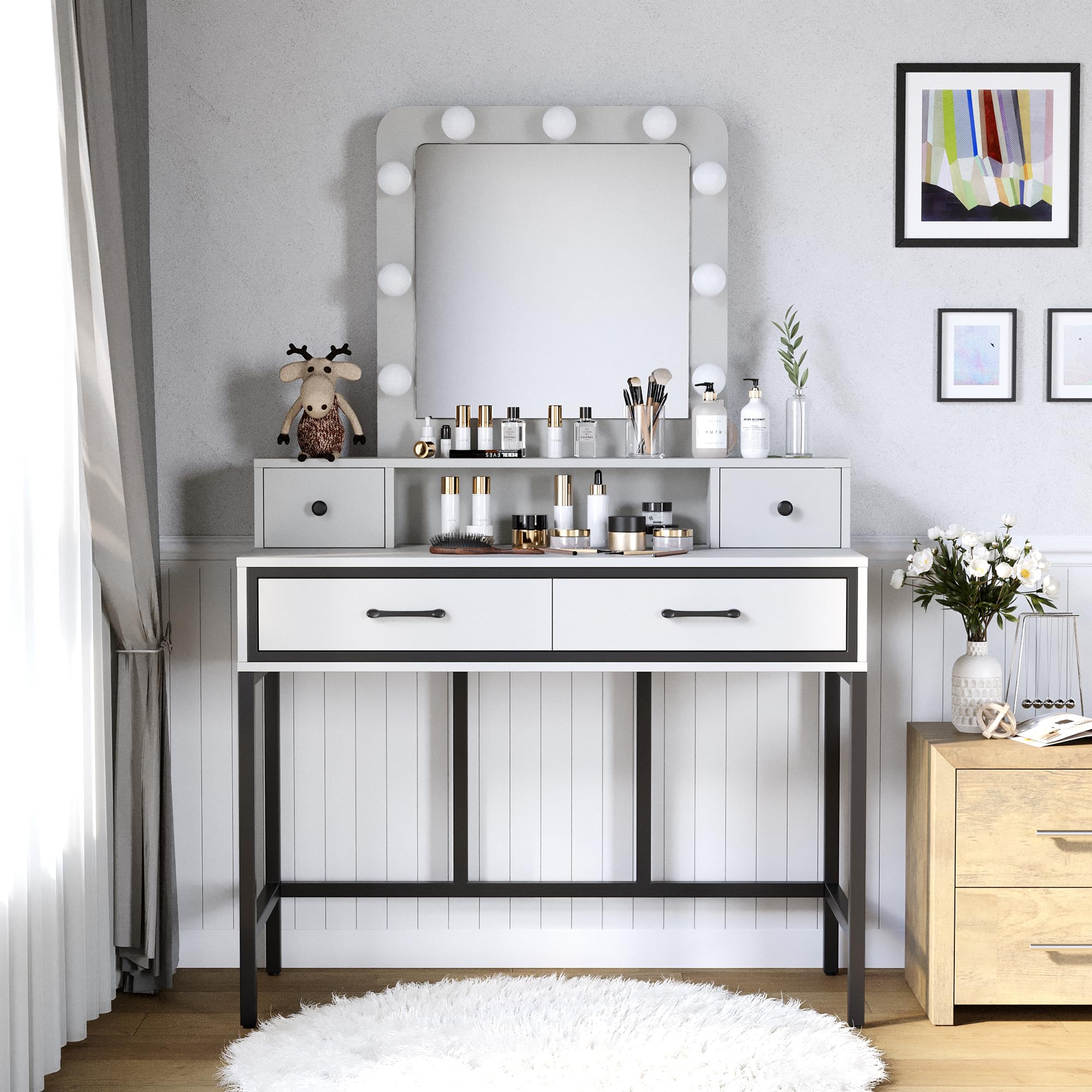 RoyalCraft White Vanity Desk with Mirror & Lights - 3-Color Dimmable Hollywood Makeup Table with 4 Drawers, Large Dressing Table for Women & Girls | Perfect for Bedroom, Boudoir & Beauty Room Organization