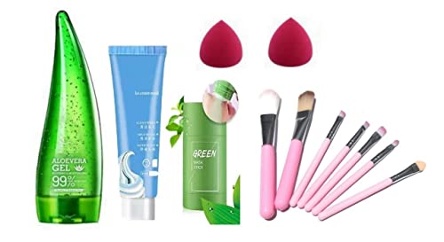 7-Piece Pink Makeup Brush Set with Aloe Vera Gel, Salicylic Ice Mask, Green Tea Mask & 2 Beauty Blenders - Soft Bristles for Women & Girls | Perfect for Daily Makeup, Skincare & Spa Nights (Pack of 12)