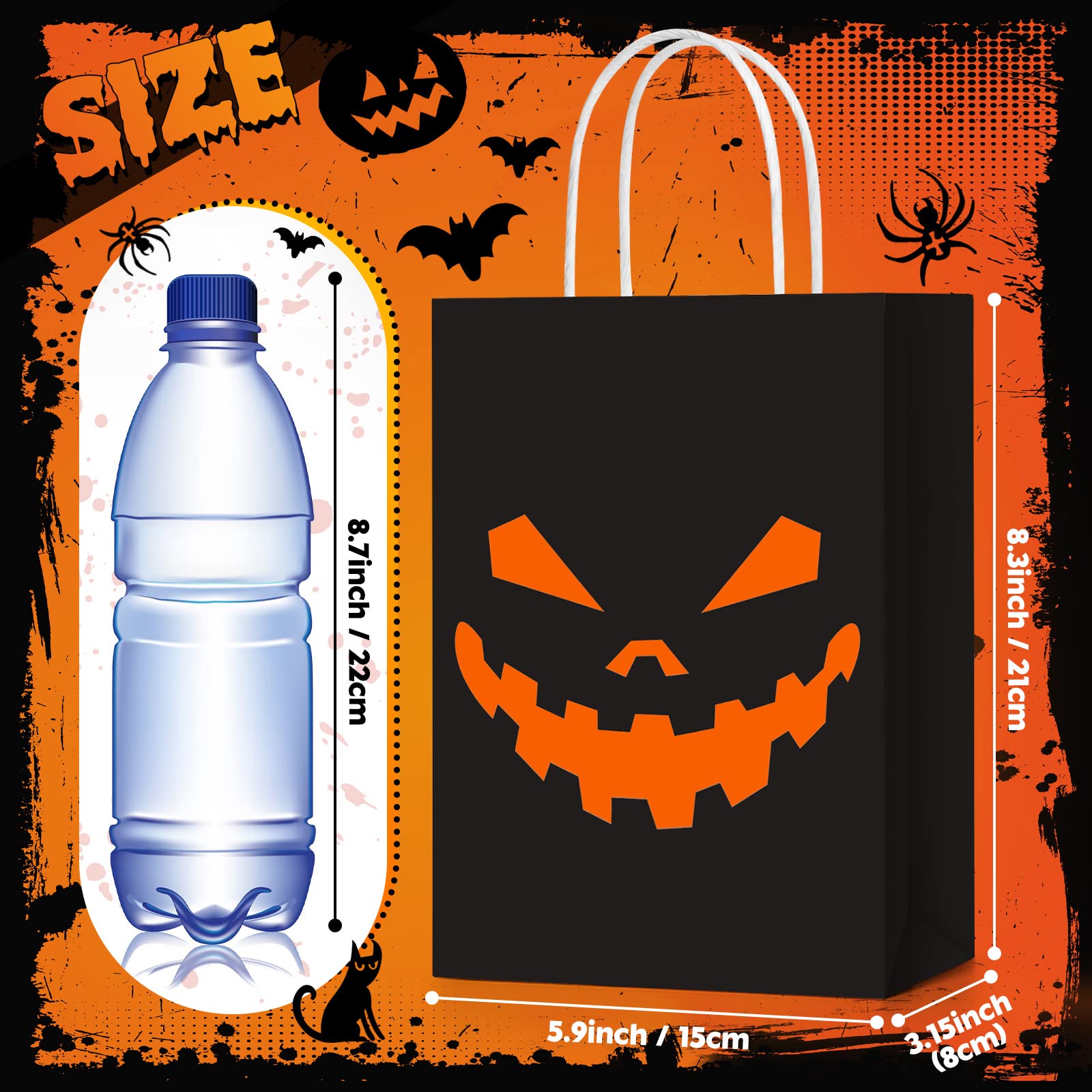 24 Pack Halloween Treat Bags with Handles - Orange & Black Paper Gift Bags for Candy, Goodies & Party Favors | Halloween Party Supplies, Trick or Treat, Classroom Treats & Holiday Snacks (Bright Style)