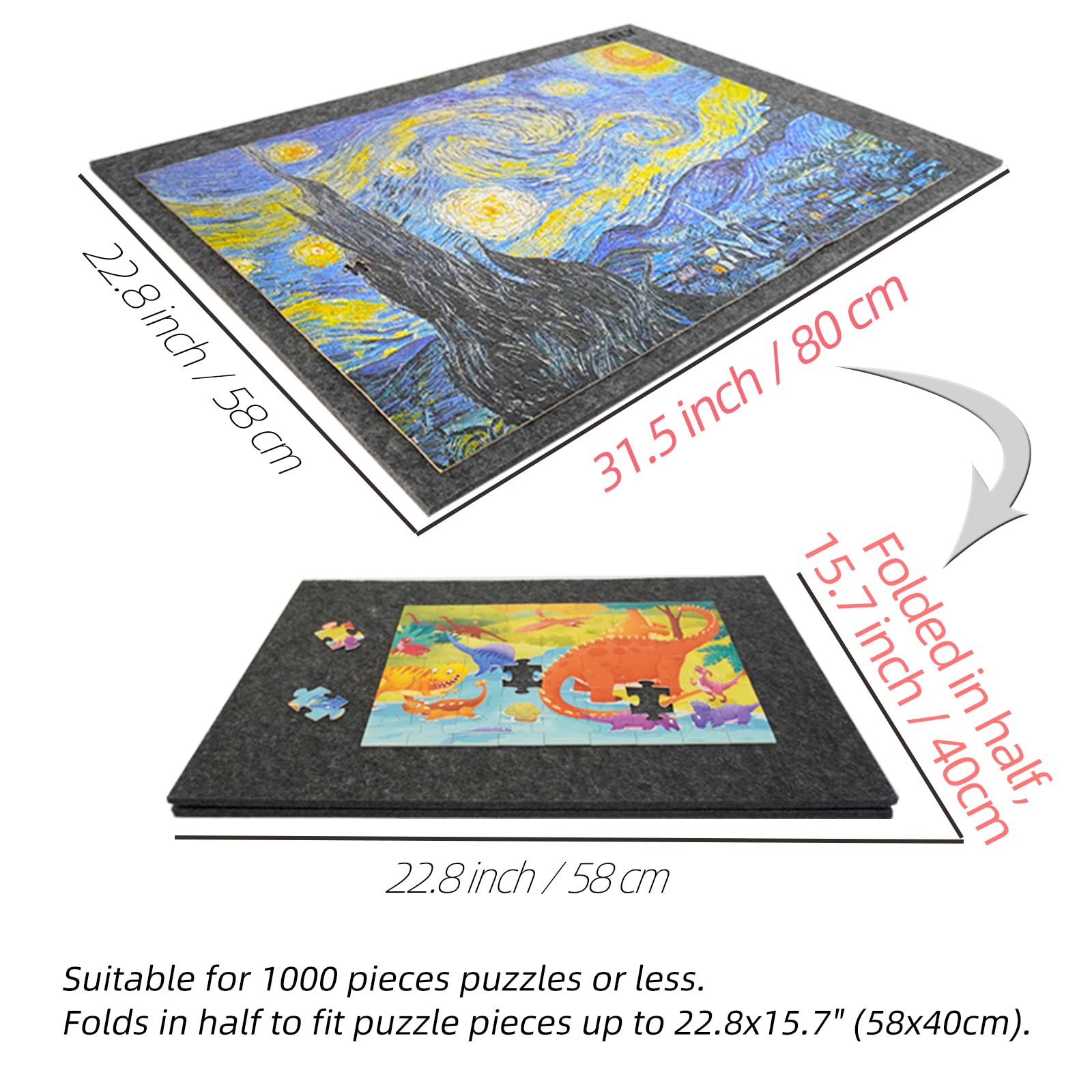 Foldable Puzzle Board with Felt Mat - Holds Up to 1000 Piece Jigsaw Puzzles | Portable & Space-Saving Storage Solution | Perfect for Family Game Nights, Travel, and Small Spaces (Black, 9mm Thick)