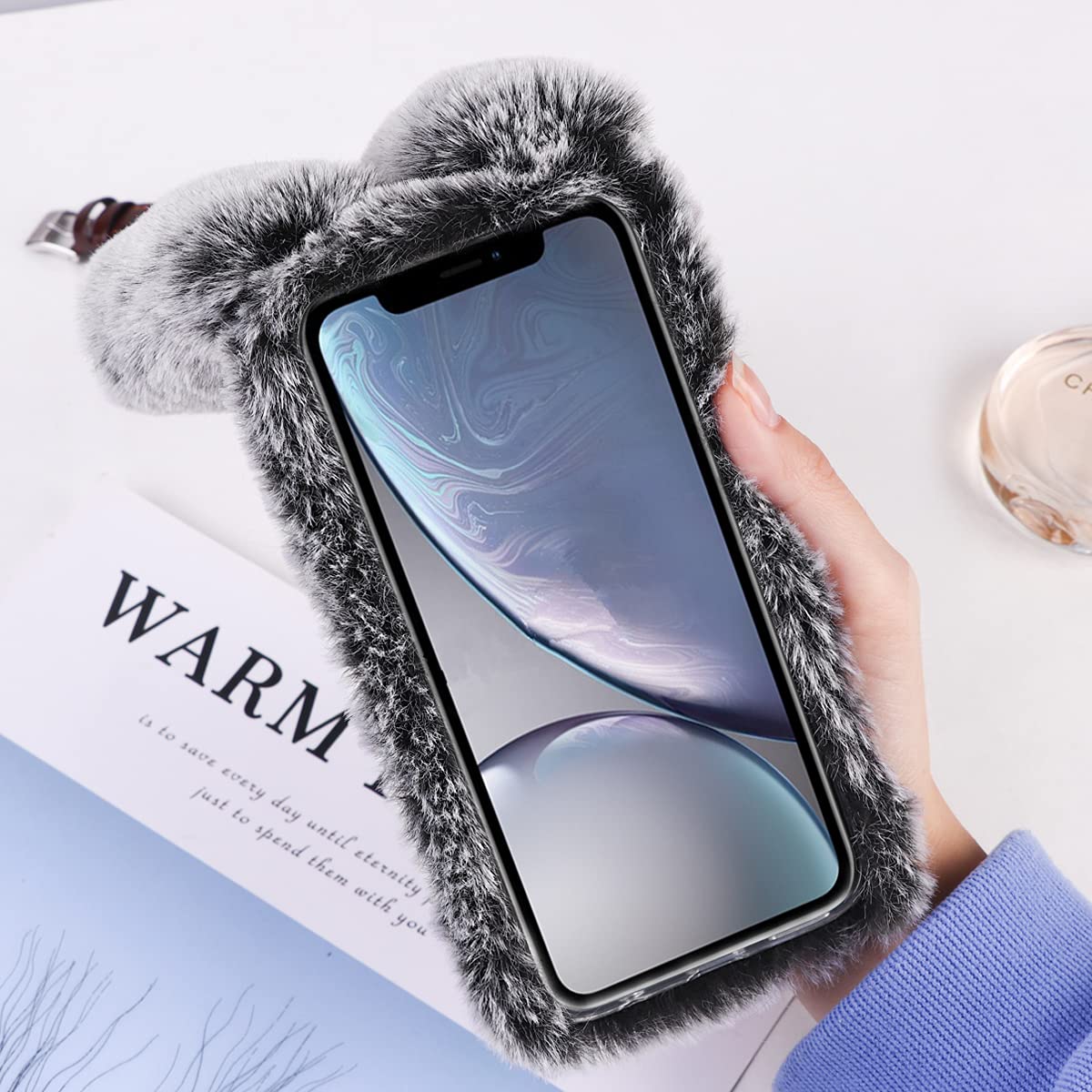 Fluffy Bunny Plush Phone Case - Soft Furry Rabbit Phone Cover for iPhone & Android, Cute Gray Cell Phone Protector for Girls & Boys | Perfect Gift for Kids, Teens & Animal Lovers