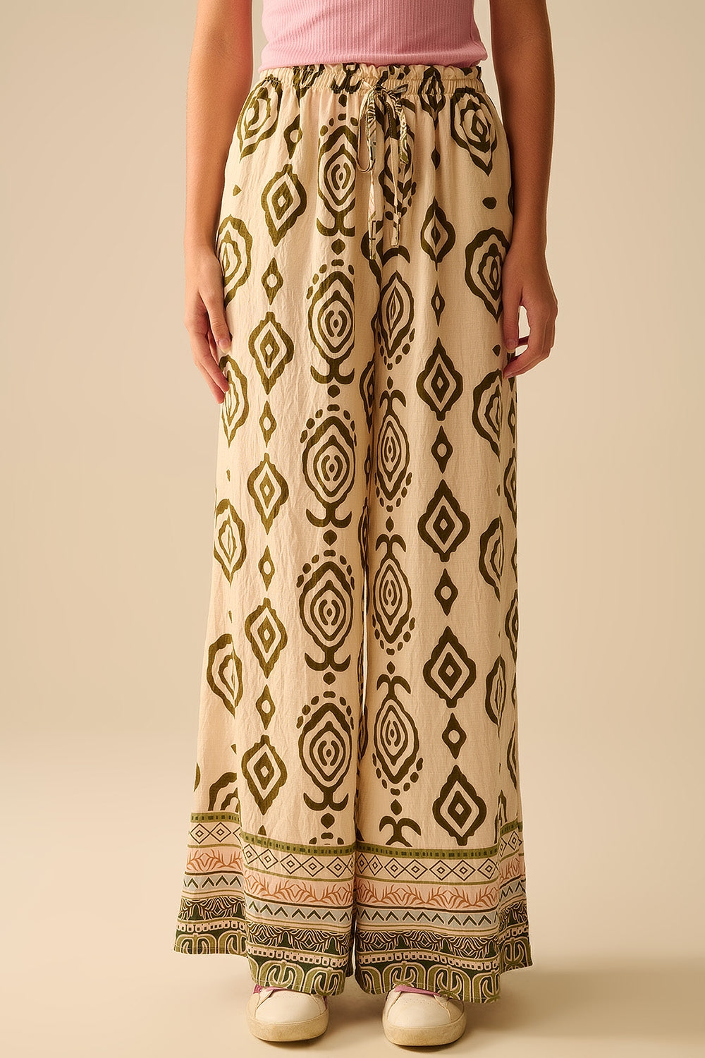 Bohemian Print Wide Leg Khaki Pants for Women - Casual Chic Palazzo Trousers for Summer, Travel & Boho Style Outfits