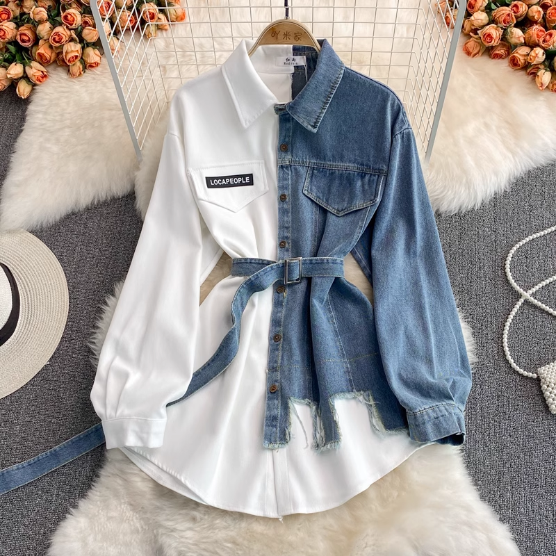 Korean Style Denim Stitching Dress - Mid Length Irregular Hem Shirt for Women | Fall Winter Fashion | Perfect for Casual Outings, Office Wear & Date Nights