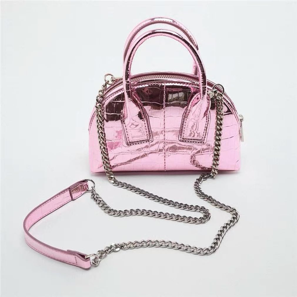 Mini Silver Crossbody Purse for Women - Cute Small Top Handle Gold Purse with Shiny Chain - Pink Metallic Handbag for Parties, Date Night & Daily Use