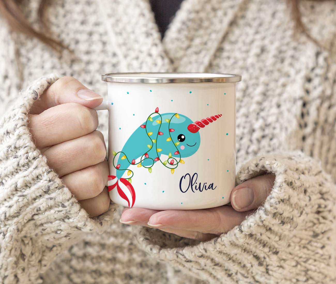 **Personalized Kids Christmas Hot Chocolate Mug - 11oz Stainless Steel Campfire Coffee Cup with Narwhal Design - Custom Name for Child's Birthday & Holiday Gift - Perfect for Hot Cocoa, Camping & Festive Celebrations**