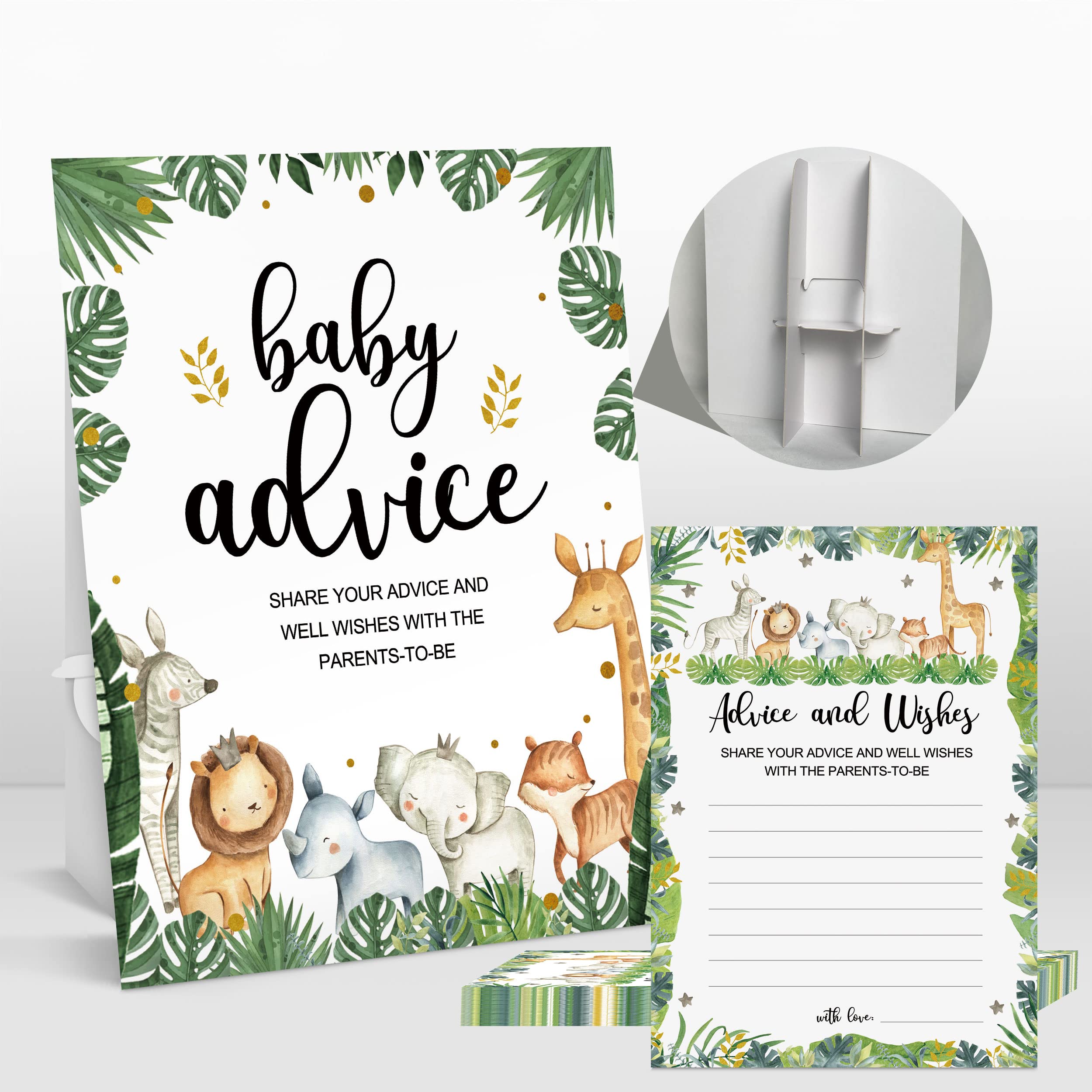 36 Pack Safari Baby Shower Games Set with Advice Cards & Sign - Wild Animal Jungle Theme Baby Shower Decorations (5x7 Inches) - Perfect for Gender Reveal Parties, Baby Registry Events & Nursery Room Decor