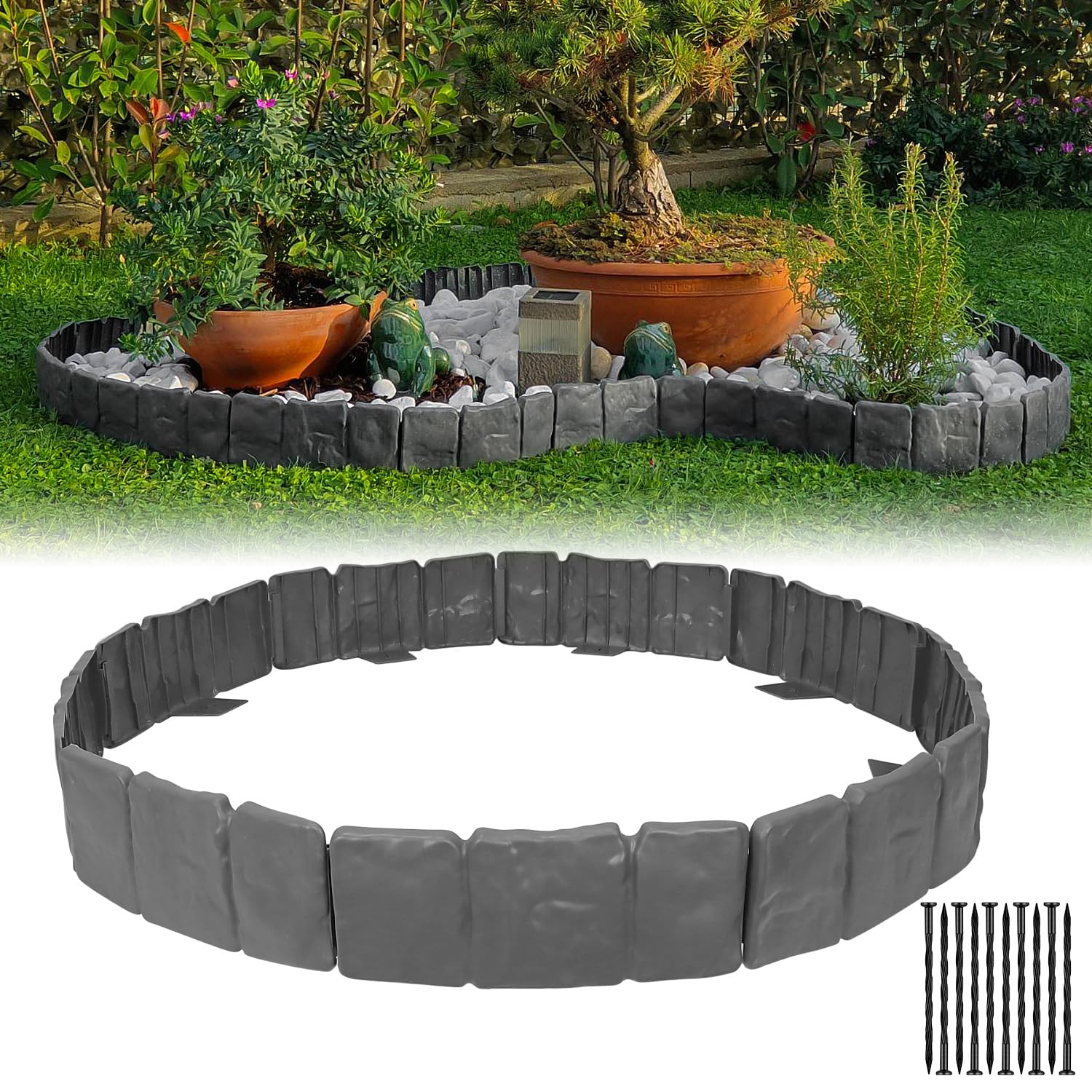 NO DIG Garden Edging Border - 16 Ft Gray Stone Effect Plastic Lawn Edging with Anchoring Spikes | Interlocking Landscape Edging for Flower Beds & Yards | Easy DIY Yard Fencing Solution | Perfect for Garden Borders, Driveways & Landscaping Projects