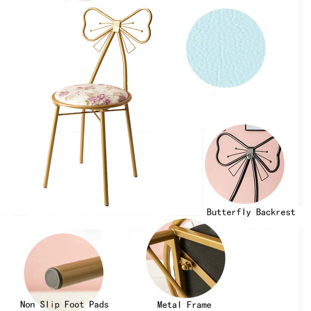 JHSLXD White Makeup Vanity Chair with Butterfly Tie Backrest - Golden PU Leather Dressing Stool, Bedroom Lounge & Reading Chair, Wrought Iron Dining Furniture for Home Decor, Beauty Salon & Bedroom Vanity Set