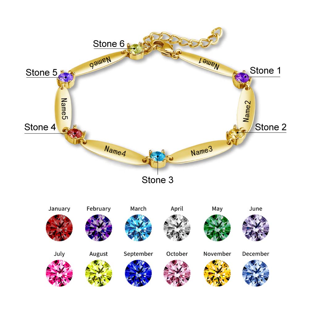 Personalized Mothers Bracelets with 6 Birthstones & Name Engraving - Adjustable Bangle Bracelet for Women, Family Jewelry Gift for Thanksgiving, Christmas, Wedding & Birthday - Perfect for Special Occasions & Everyday Wear