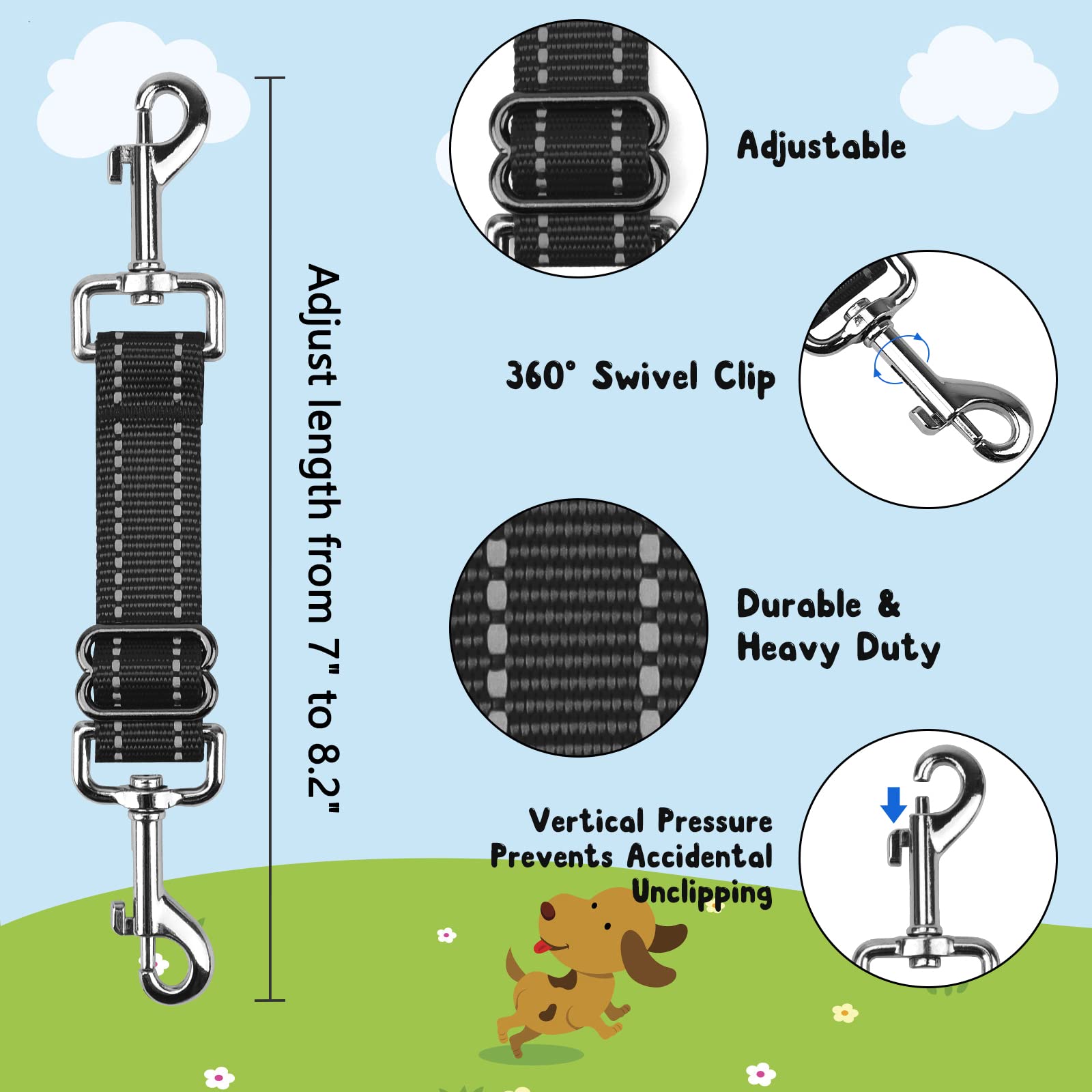 YUEPET 5 Pack Adjustable Prong Collar Backup Clips - Reflective Double Ended Safety Clasp for Dog Harness to Collar Connection | Secure Leash Attachment for Walking, Training & Outdoor Adventures