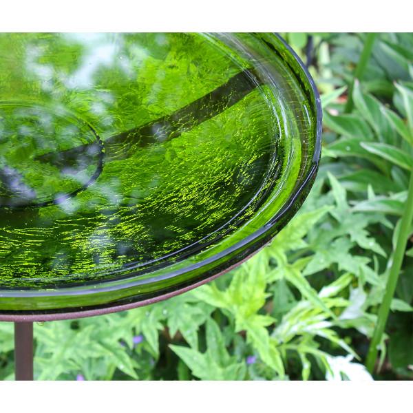 Fern Green Crackle Glass Birdbath Bowl for Garden Decor - Handmade Outdoor Bird Feeder with Crackled Texture, Perfect for Attracting Birds to Your Backyard or Patio