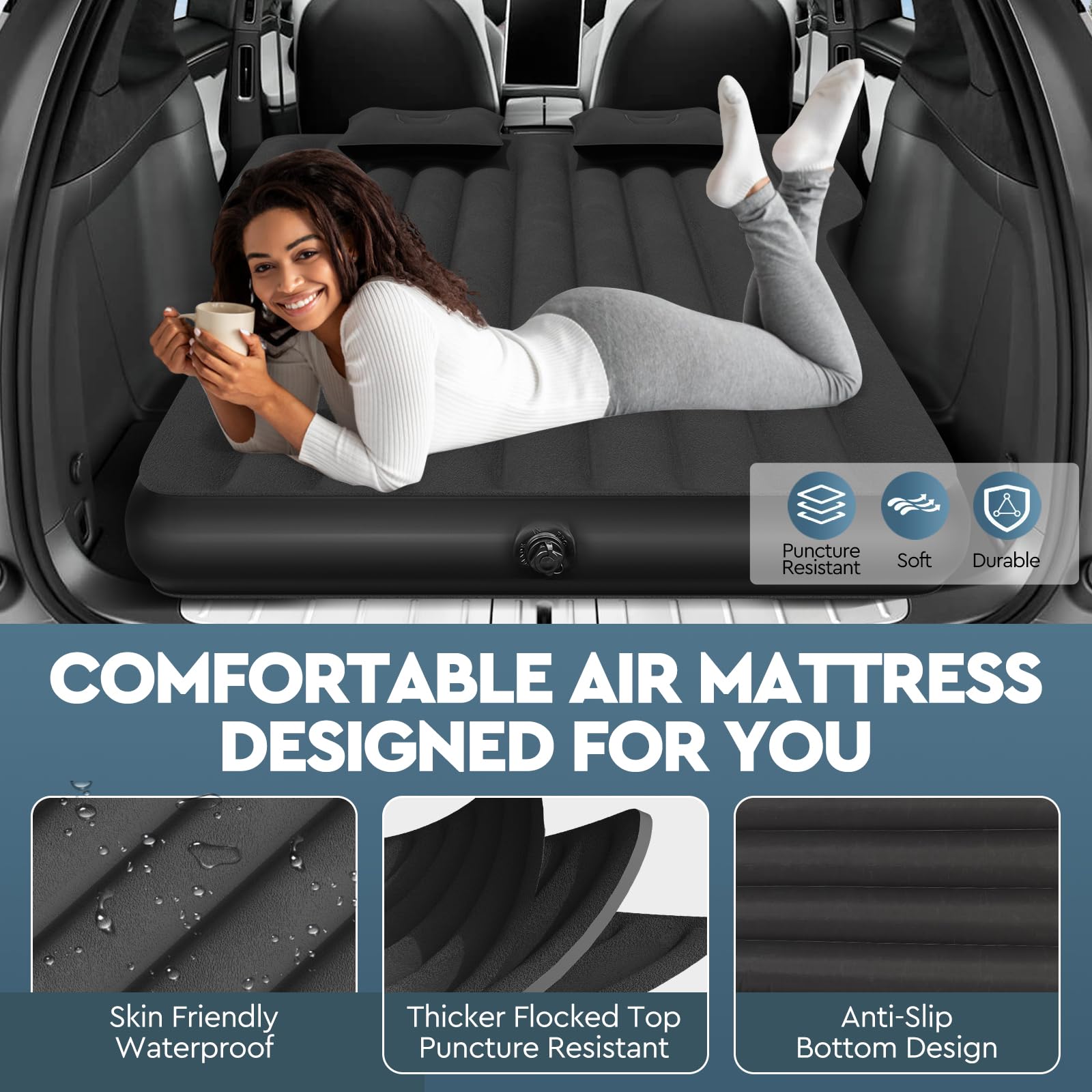Tesla Model Y Air Mattress - Thickened Inflatable Camping Bed for Tesla Model Y SUV | Portable Travel Sleeping Pad with Built-in Pump & 2 Pillows | Perfect for Road Trips, Camping & Car Adventures