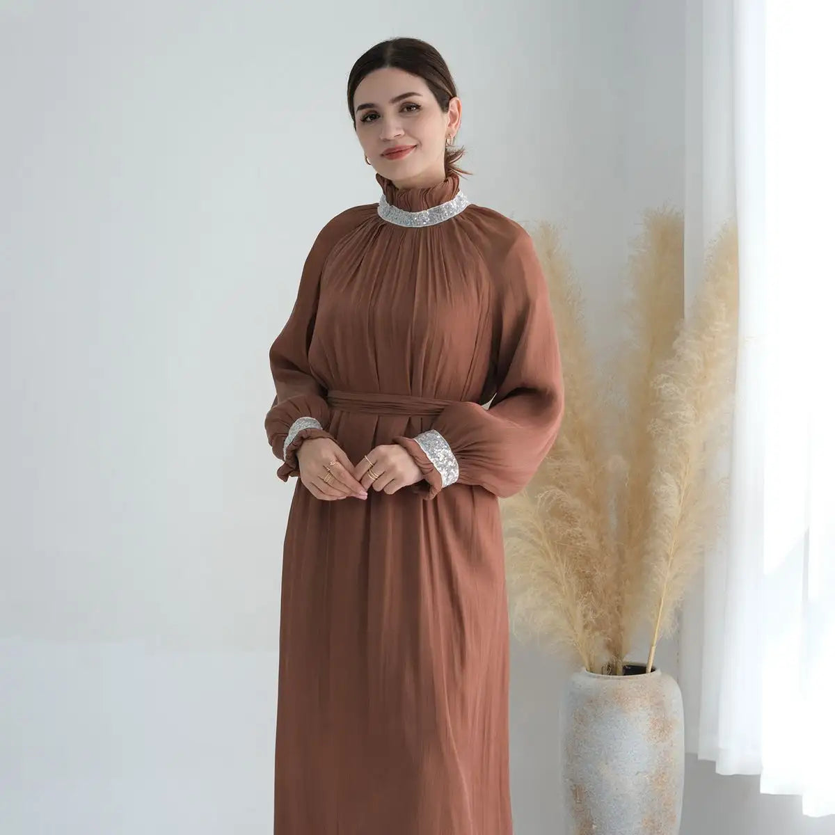 Elegant Shiny Bright Abaya Dress for Muslim Women - Perfect for Prayer, Eid, and Special Occasions
