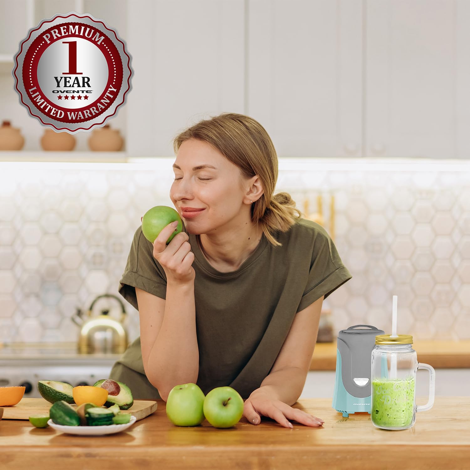 OVENTE BLH100T 300W Personal Blender with 18oz BPA-Free Mason Jar - Stainless Steel Blades, Dishwasher Safe, Includes Reusable Straw & Lid - Perfect for Smoothies, Protein Shakes & Meal Prep (Turquoise)